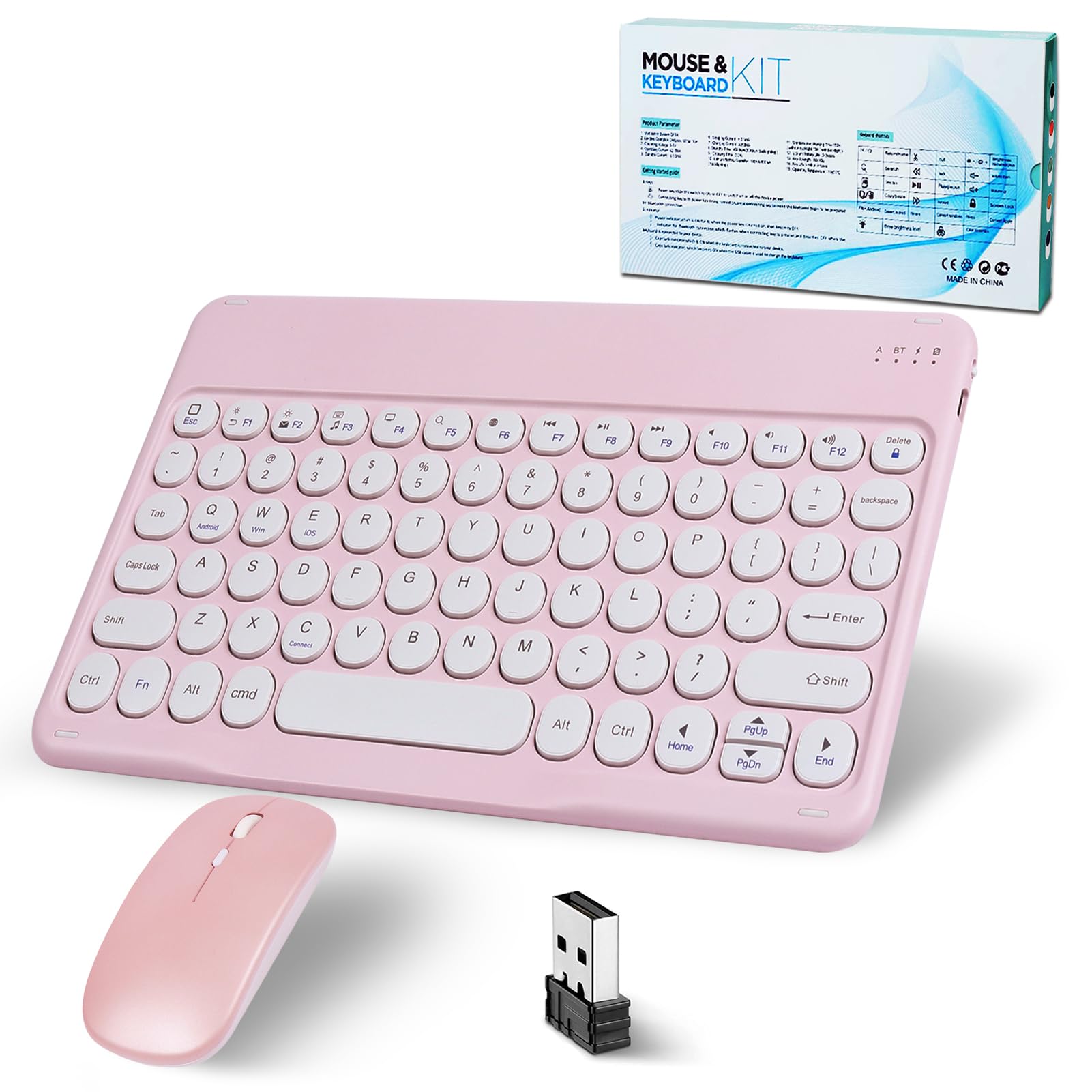 Bluetooth Keyboard, Wireless Keyboard and Mouse 2.4 USB Rechargeable Lightweight 10IN Universal Quiet Portable Mini Keyboard and Mouse Set for iPad,iOS,Mac,Windows,Android Tablet Laptop Upgrade- Pink