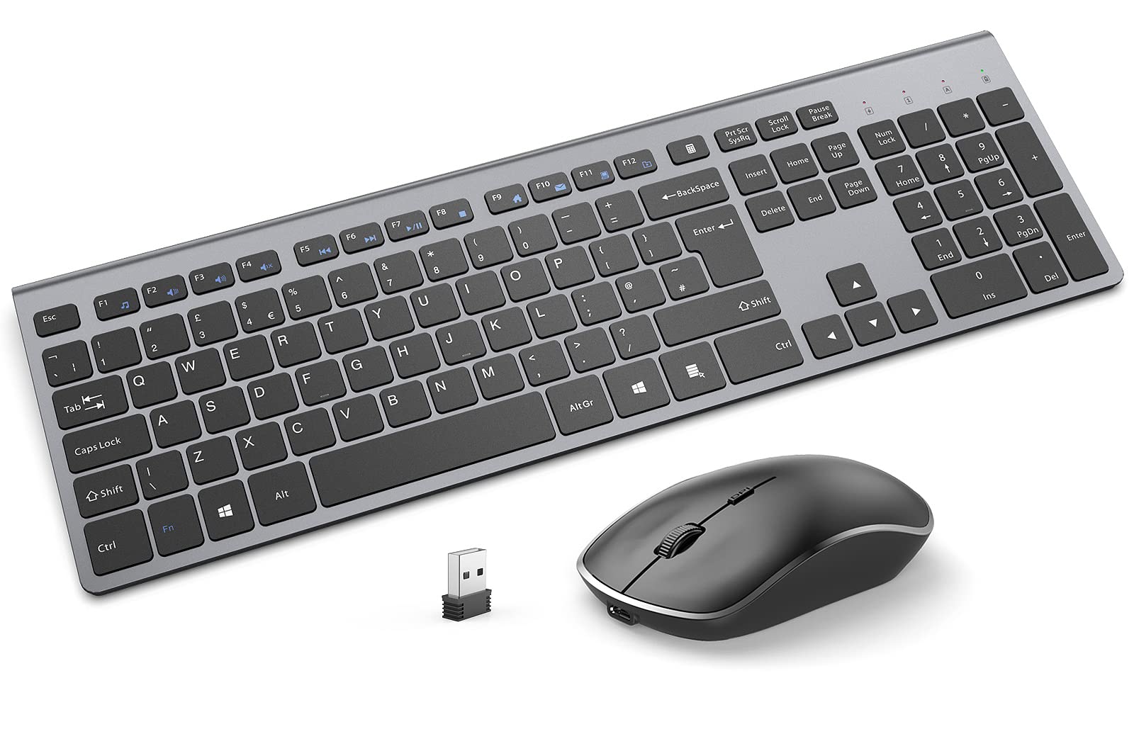 Rechargeable Wireless Keyboard and Mouse Set, J JOYACCESS Wireless Keyboard Mouse with 500mAh Batteries, Portable Slim,2.4Ghz, Silent Ergonomic Mouse for PC/Laptop/Smart TV/Mac/Computer-Black+Gray