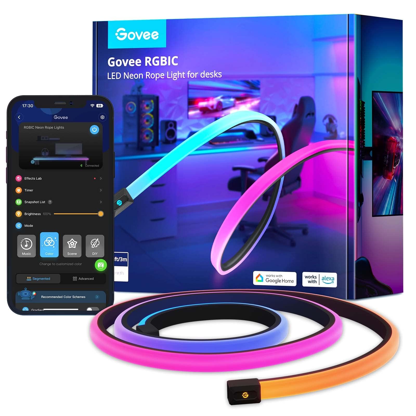 Govee RGBIC Gaming Lights, 3M Neon Rope Lights Soft Lighting for Gaming Desk, LED Strip Lights Syncing with Razer Chroma, Smart App Control, Support Cutting, Music Sync, Adapter (Only 2.4G Wi-Fi)