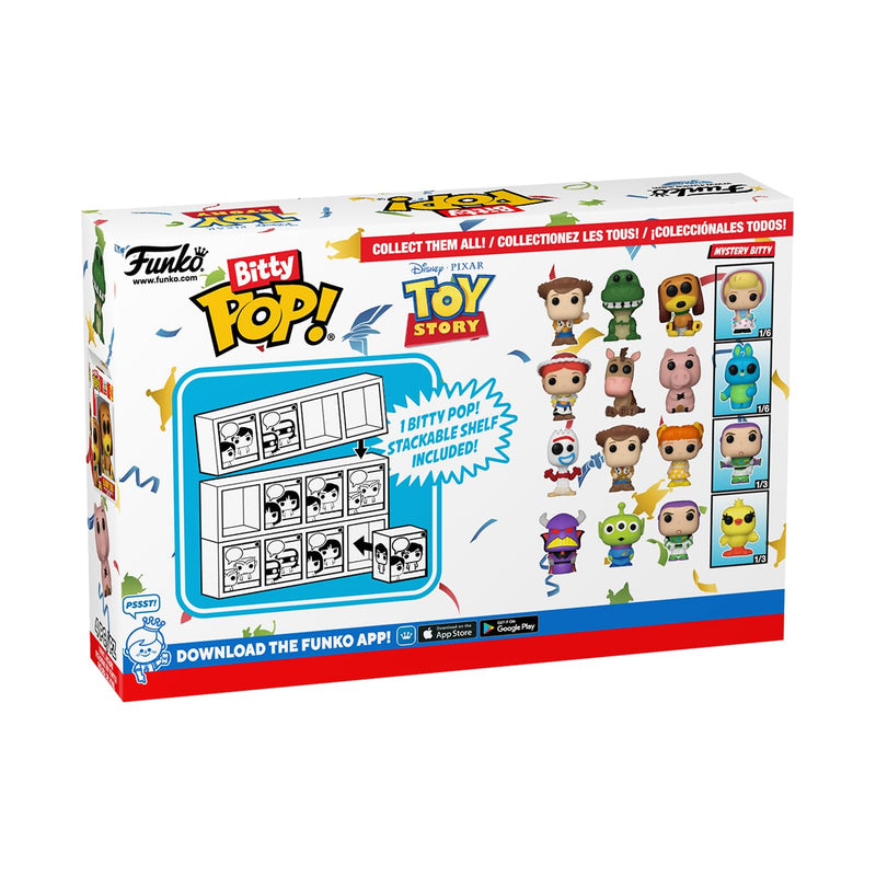 Funko Bitty Pop! Toy Story - Woody 4PK - Woody, Rex, Slinky Dog and A Surprise Mystery Mini Figure - 0.9 Inch (2.2 Cm) Collectable - Stackable Display Shelf Included - Gift Idea - Cake Topper