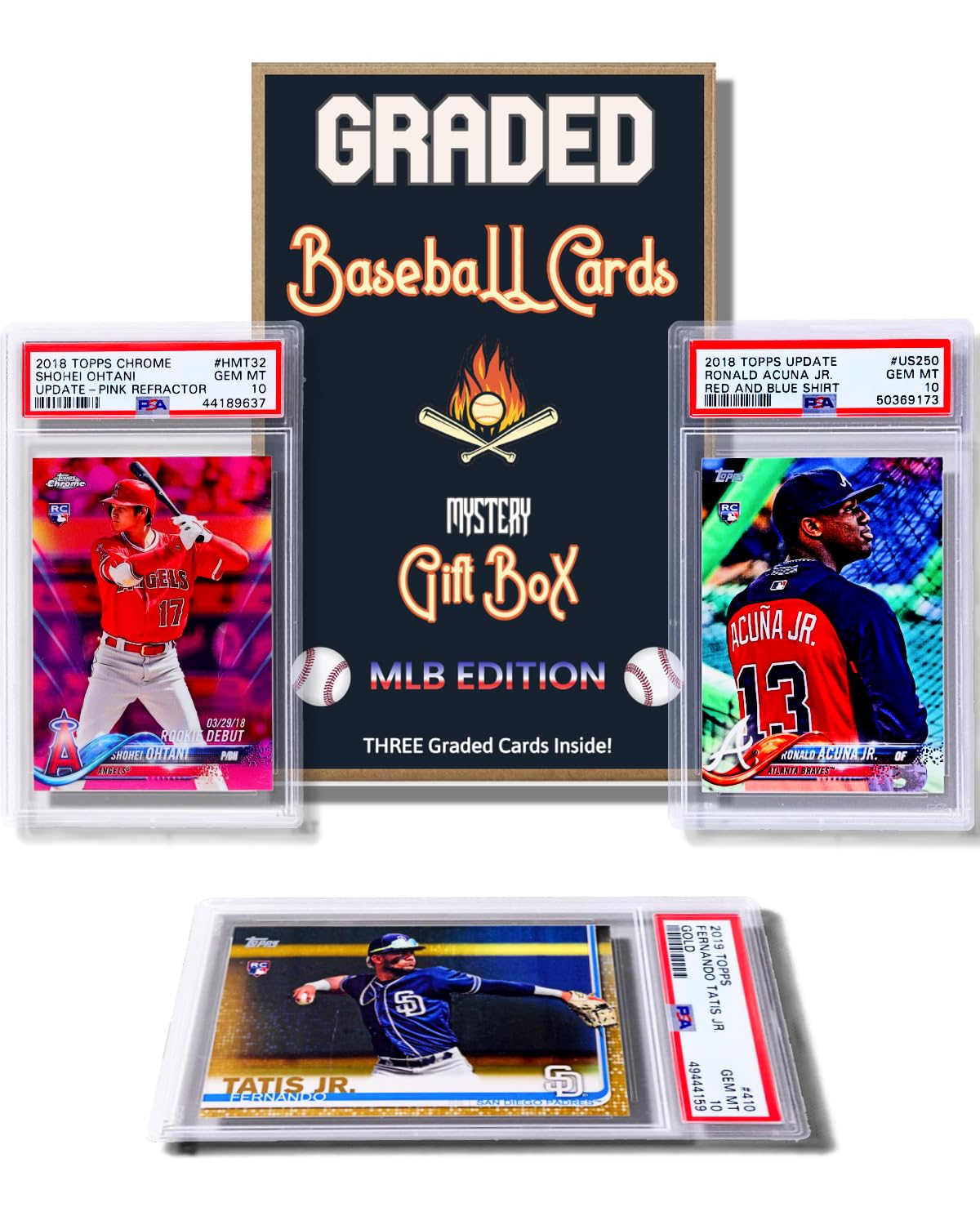 Three Graded Baseball Cards Gift Box: MLB Edition │Three Premium PSA/BGS Graded 10, 9.5 or 9 Cards │Potential Rookie Autographs & Numbered RC Refractors│Gift for Baseball Fans│by Slabs of Heat