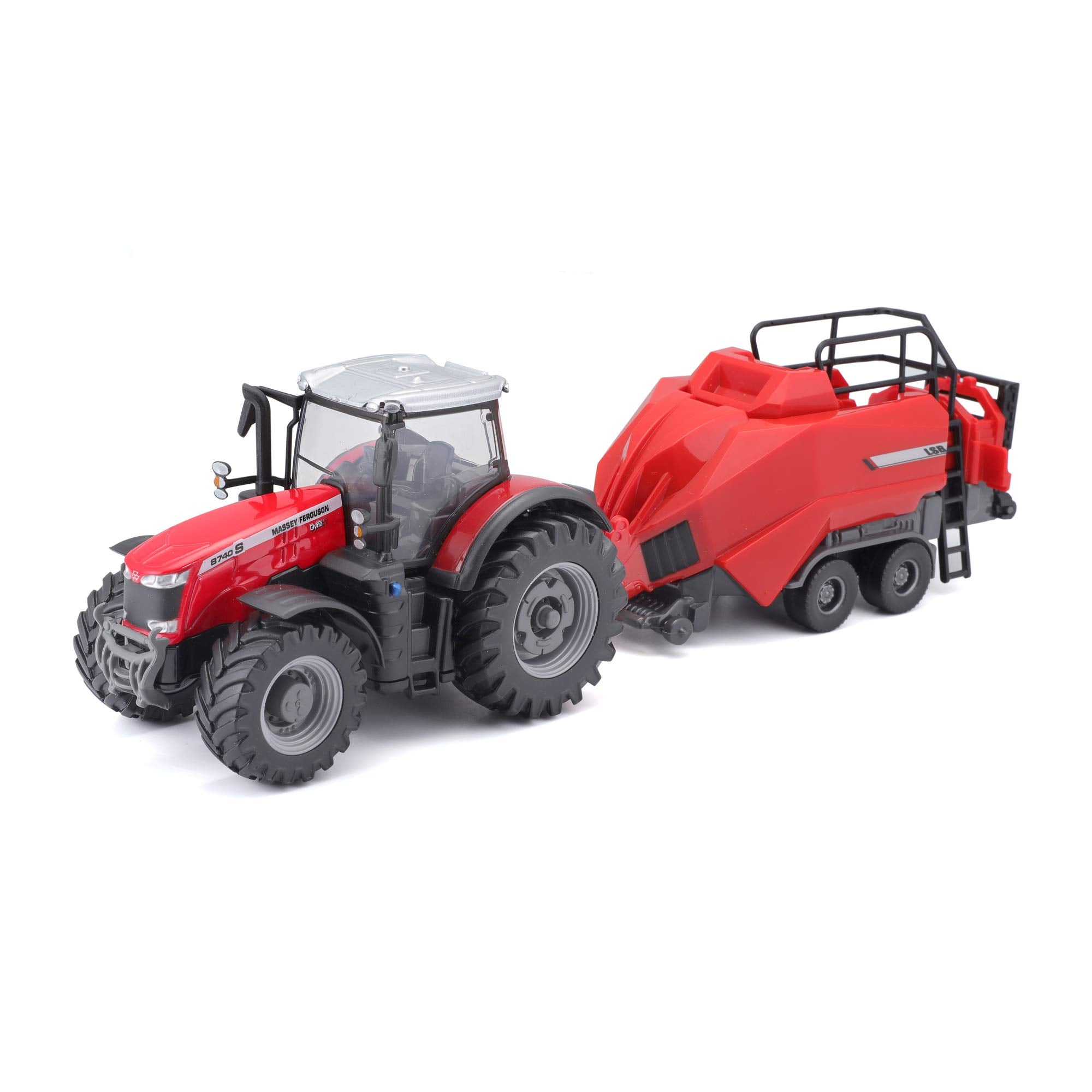 Bburago B18-31667 Die-Cast Massey FERGUSSON 8740S Tractor with Workiing BALER Lifter Vehicle, Red