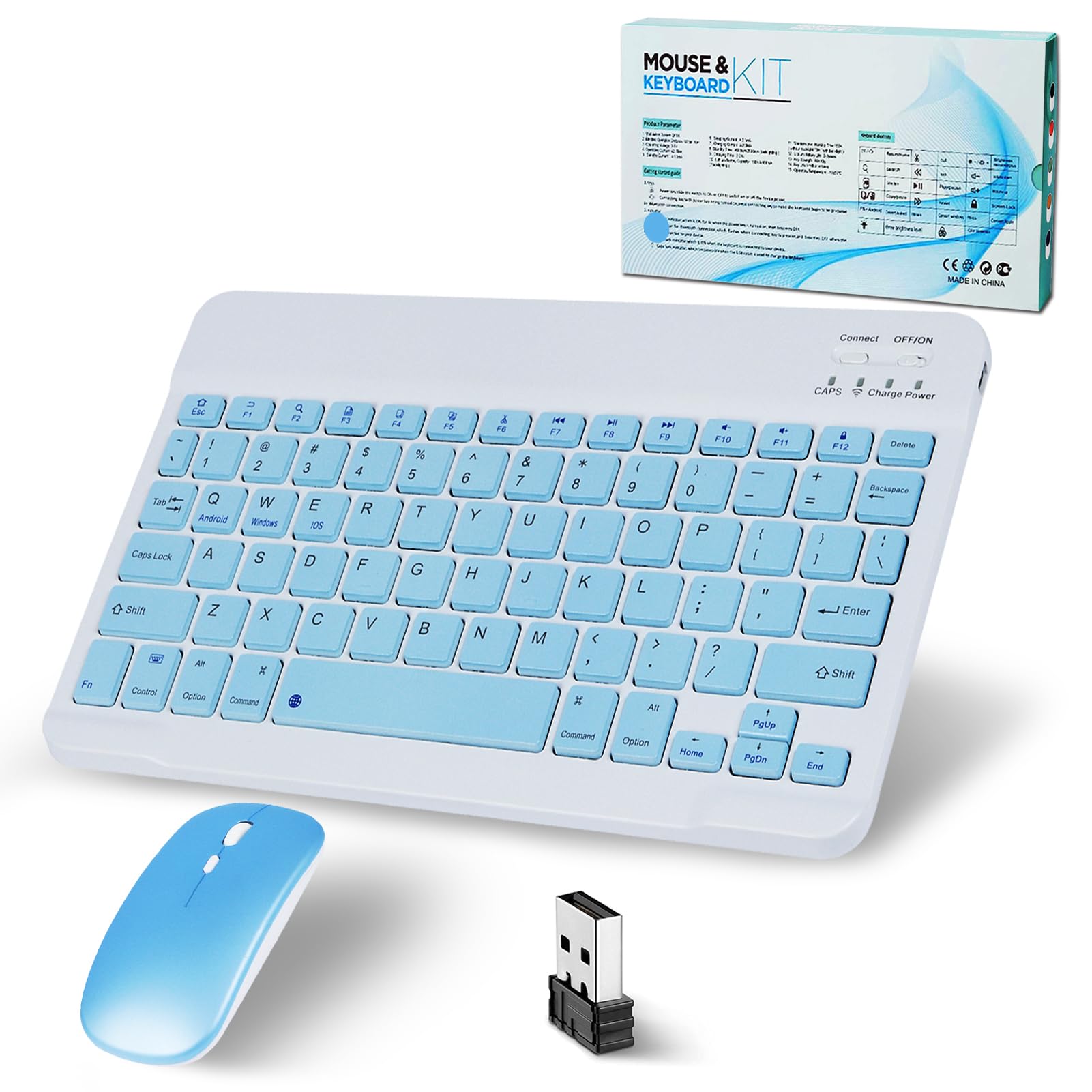 Bluetooth Keyboard, Wireless Keyboard and Mouse 2.4 USB Rechargeable Lightweight 10IN Universal Quiet Portable Mini Keyboard and Mouse set for iPad, iOS, Mac, Windows, Android Tablet Laptop-Blue