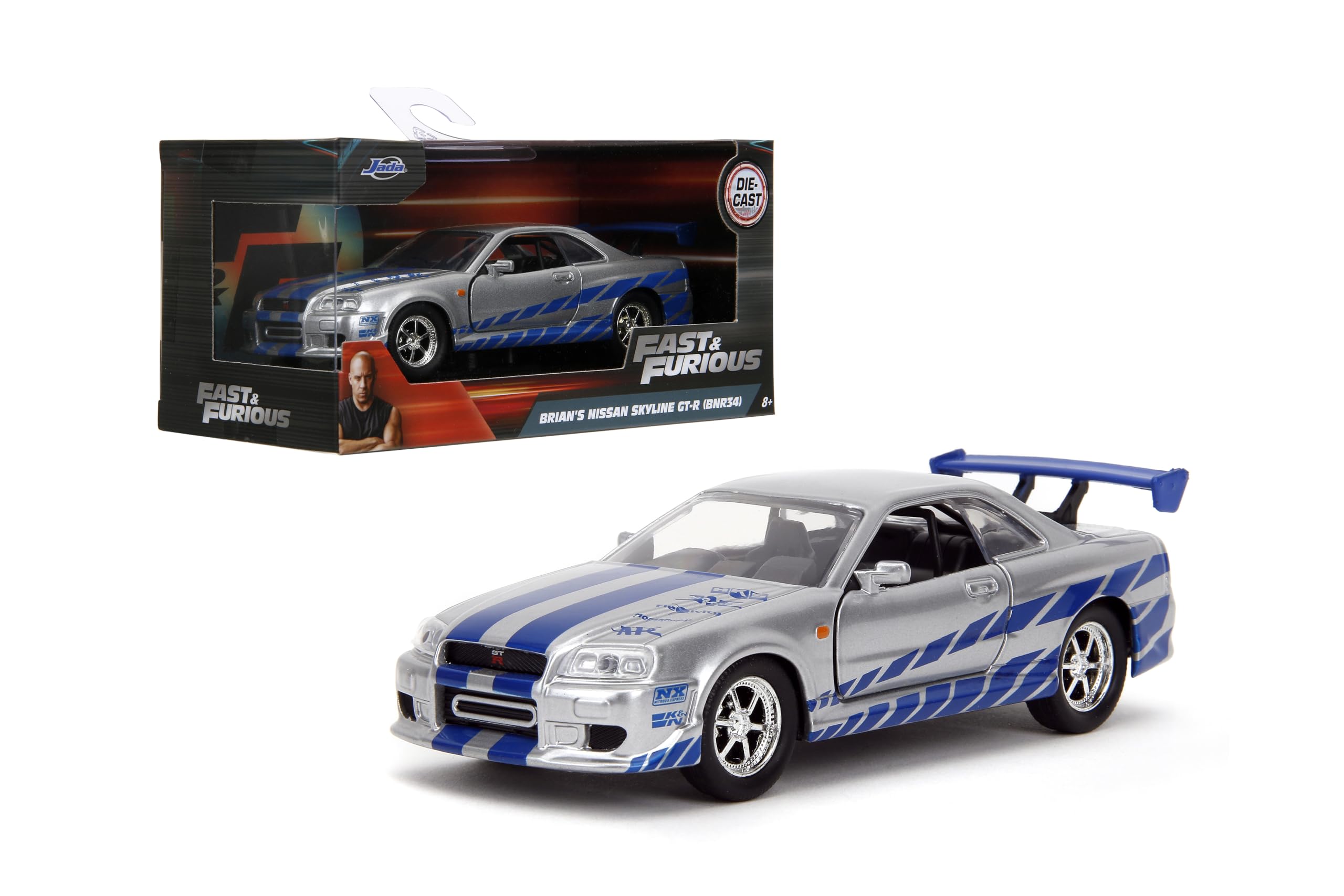 Jada JA97184 Nissan 1:32 Brian's 1999 Skyline GT-R (R34) -Silver/Blue, Gris/Bleu