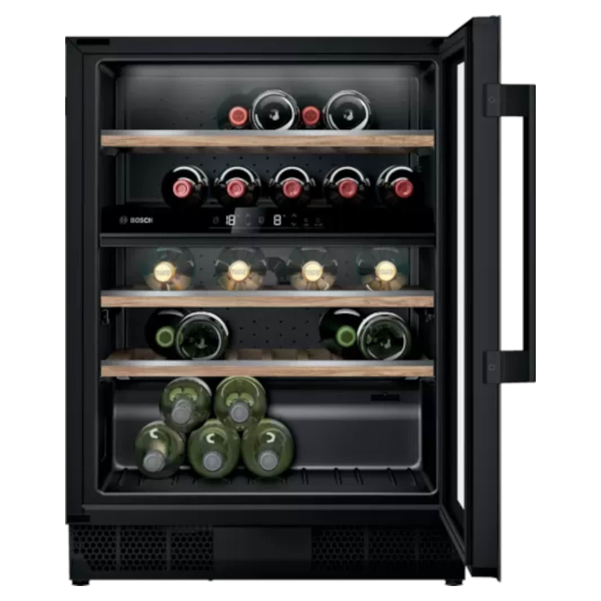 Bosch KUW21AHG0G Serie 6 Built-under Wine Cooler with Glass Door, Built-in Dual Temperature Zones Oak Shelves and Reversible Hinge 82 cm H x 60 cm W