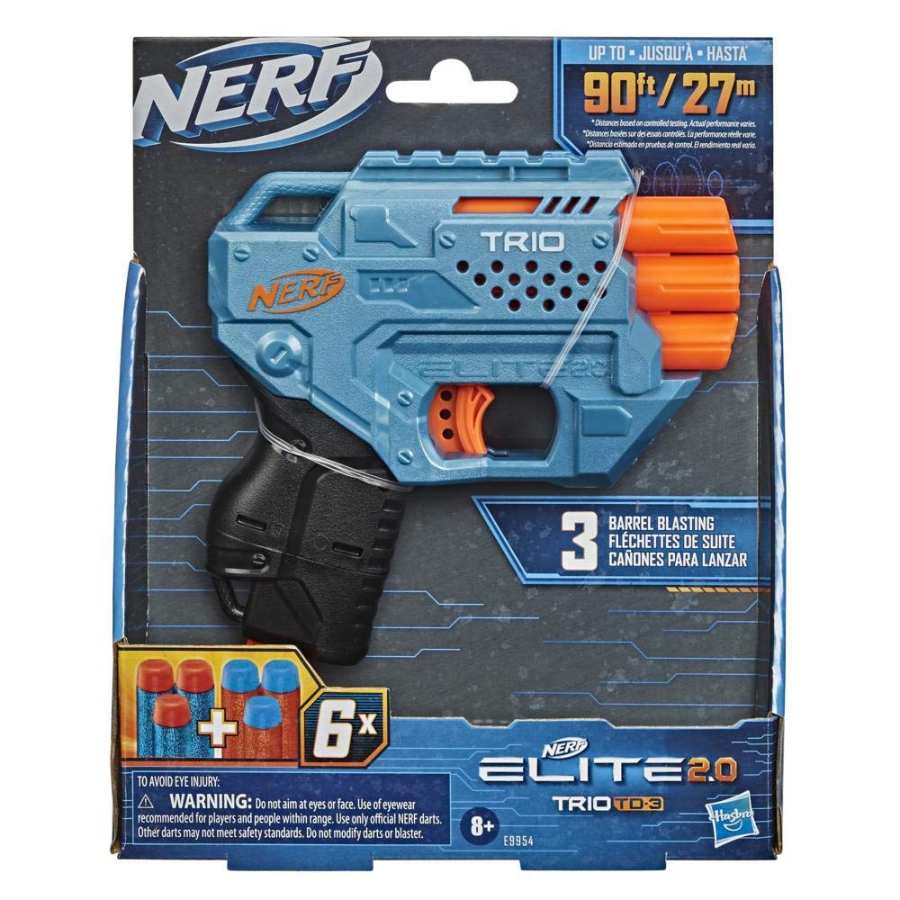 Nerf Elite 2.0 Trio SD-3 Blaster, 6 Official Nerf Darts, 3-Barrel Blasting, Tactical Rail for Customizing Capability