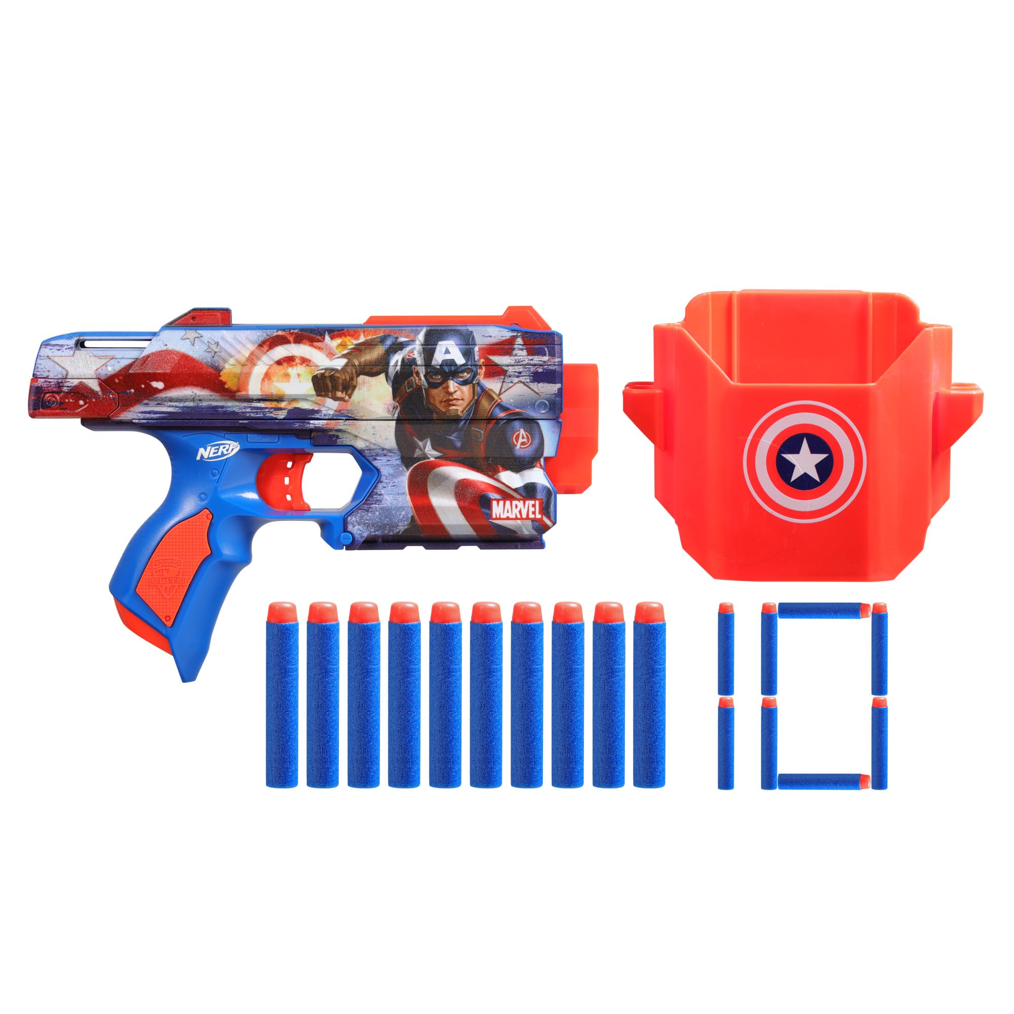 Nerf Marvel Captain America Dart Blaster, 10 Nerf Elite Darts, Holster