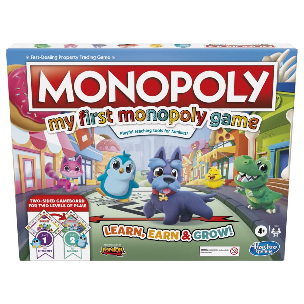 My First Monopoly Game, Board Game for Kids Ages 4+, 2-Sided Gameboard, Playful Teaching Tools for Families