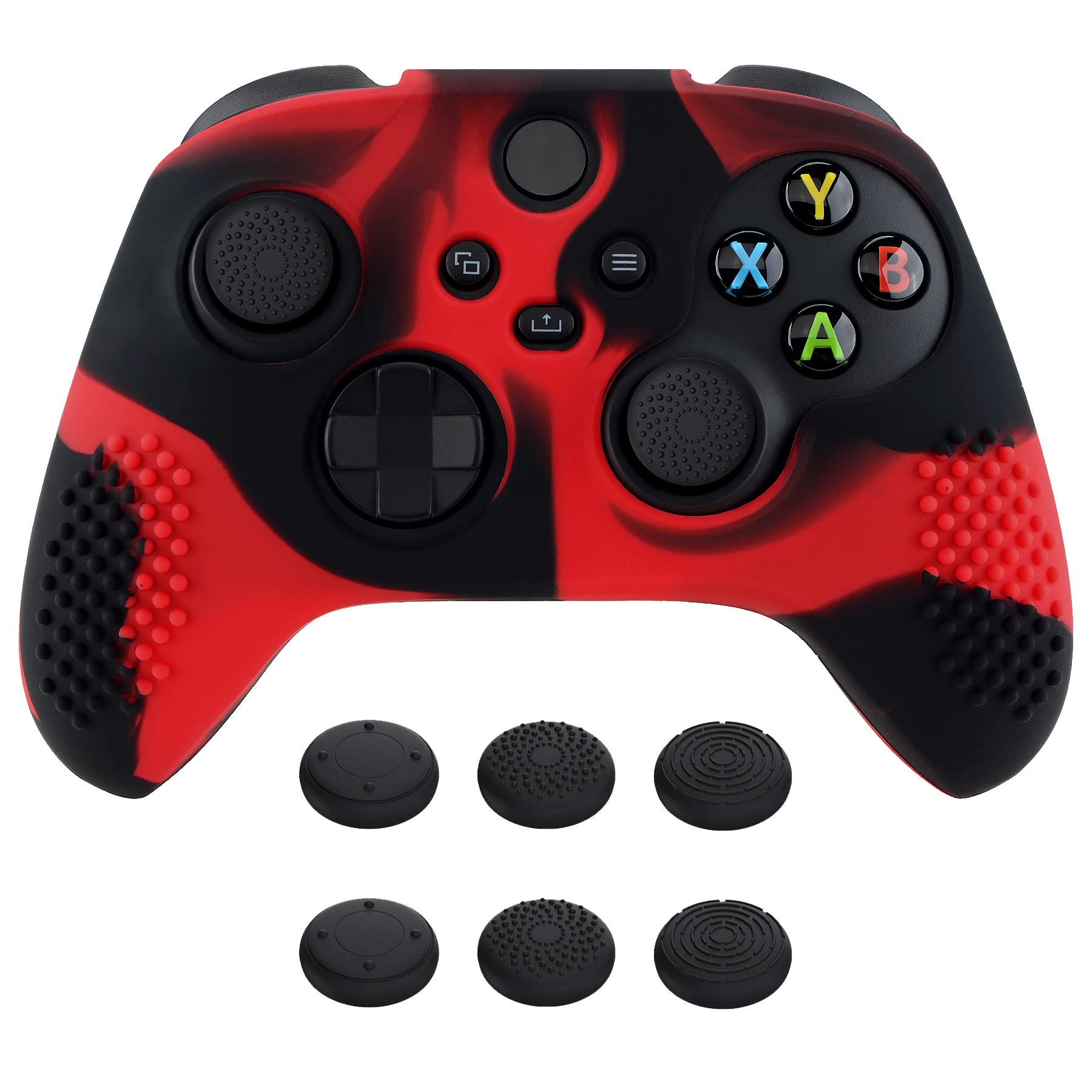 eXtremeRate PlayVital 3D Studded Edition Anti-Slip Silicone Cover Skin for Xbox Series X Controller, Soft Rubber Case Protector for Xbox Series S Controller with Black Thumb Grip Caps - Red & Black