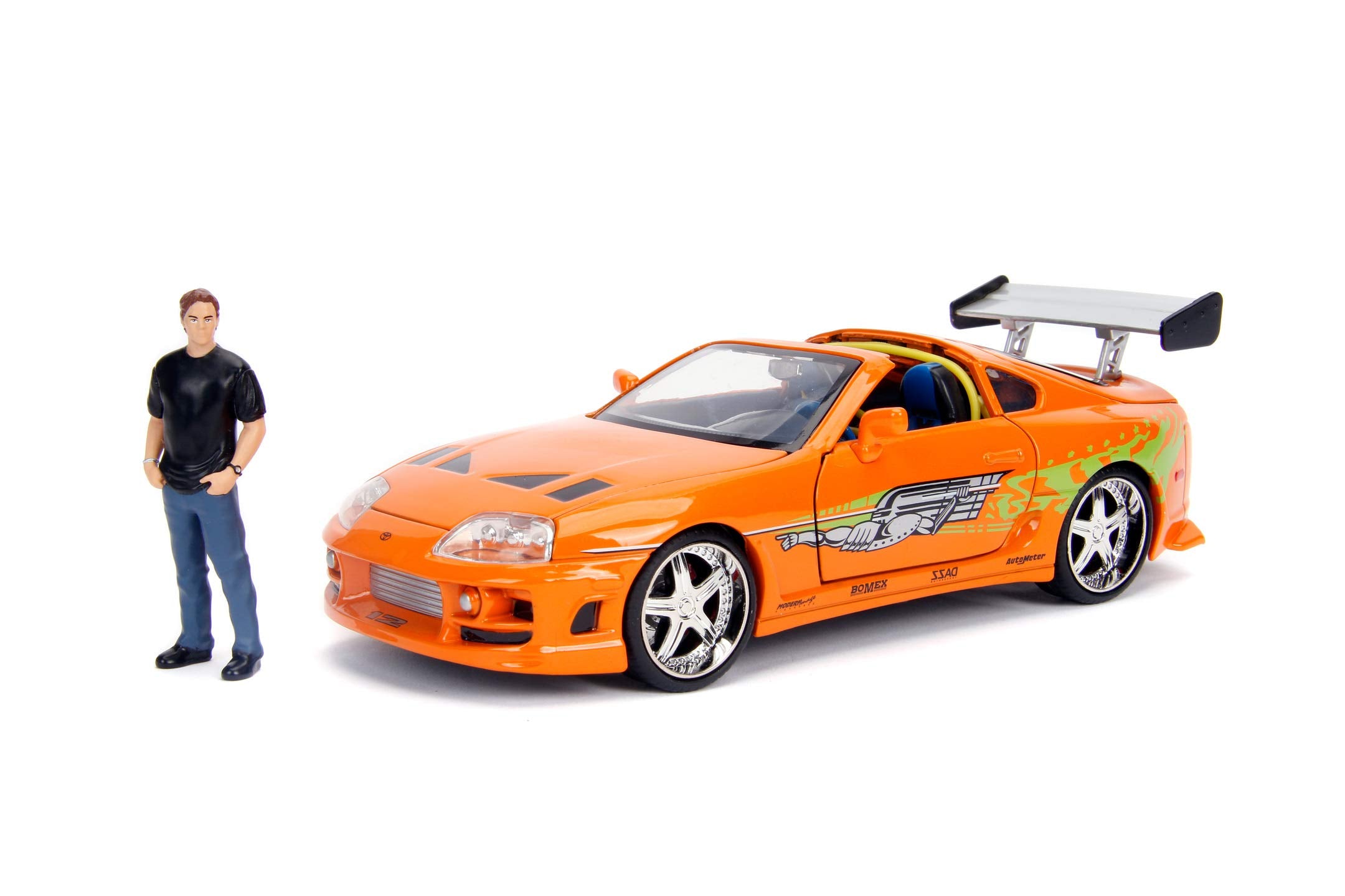 Jada Toys 253205001 Fast & Furious 1995 Toyota Supra Toy Car Die-cast Opening Doors, Trunk, Bonnet, Removable Roof, Includes Brian O'Conner Figure, Scale 1:24, Orange, brown