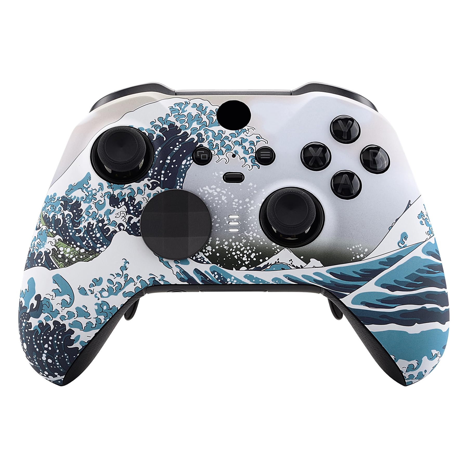 eXtremeRate The Great Wave Patterned Faceplate Cover, Soft Touch Front Housing Shell Case Replacement Kit for Xbox One Elite Series 2 Controller Model 1797 - Accent Rings Included