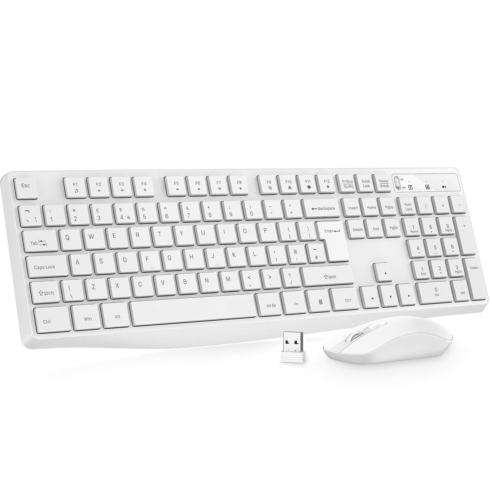 Wireless Keyboard and Mouse Set, Full Size Wireless Keyboard Ergonomic Design & Quiet USB Cordless Mouse Combo UK Layout, 12 Multimedia Shortcuts for Windows Computer PC Laptop Desktop,White