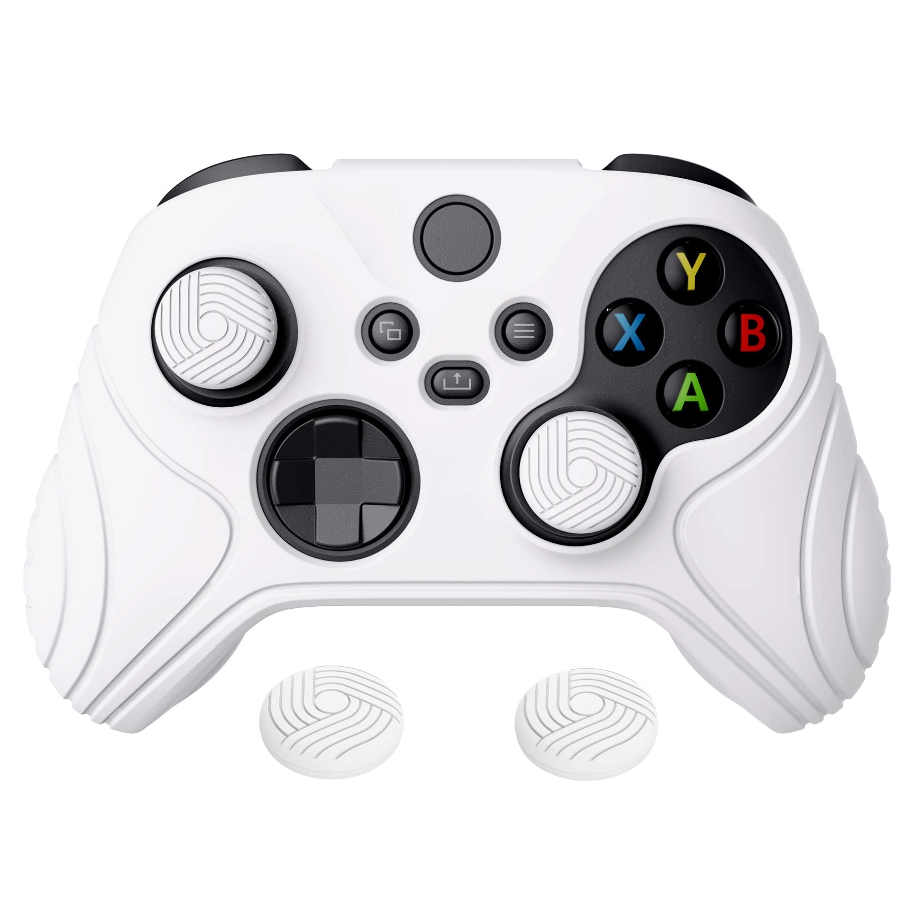 eXtremeRate PlayVital Samurai Edition White Anti-slip Controller Grip Silicone Skin, Ergonomic Soft Rubber Protective Case Cover for Xbox Series S/X Controller Model 1914 with White Thumb Stick Caps