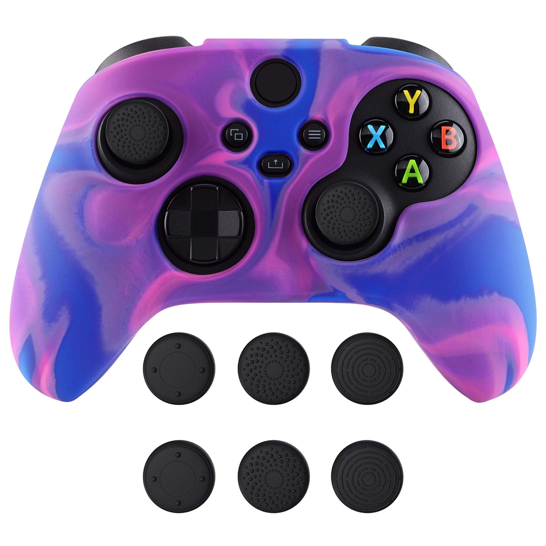 playvital Tri-Color Pink & Purple & Blue Camouflage Anti-Slip Silicone Cover Skin for Xbox Series X Controller, Soft Rubber Case Protector for Xbox Series S Controller with Black Thumb Grip Caps