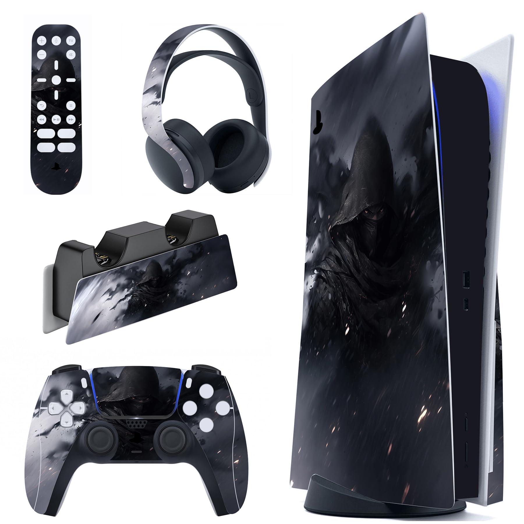 PlayVital Shadow Assassin Full Set Skin Decal for PS5 Console Disc Edition, Sticker Vinyl Decal Cover for PS5 Controller & Charging Station & Headset & Media Remote