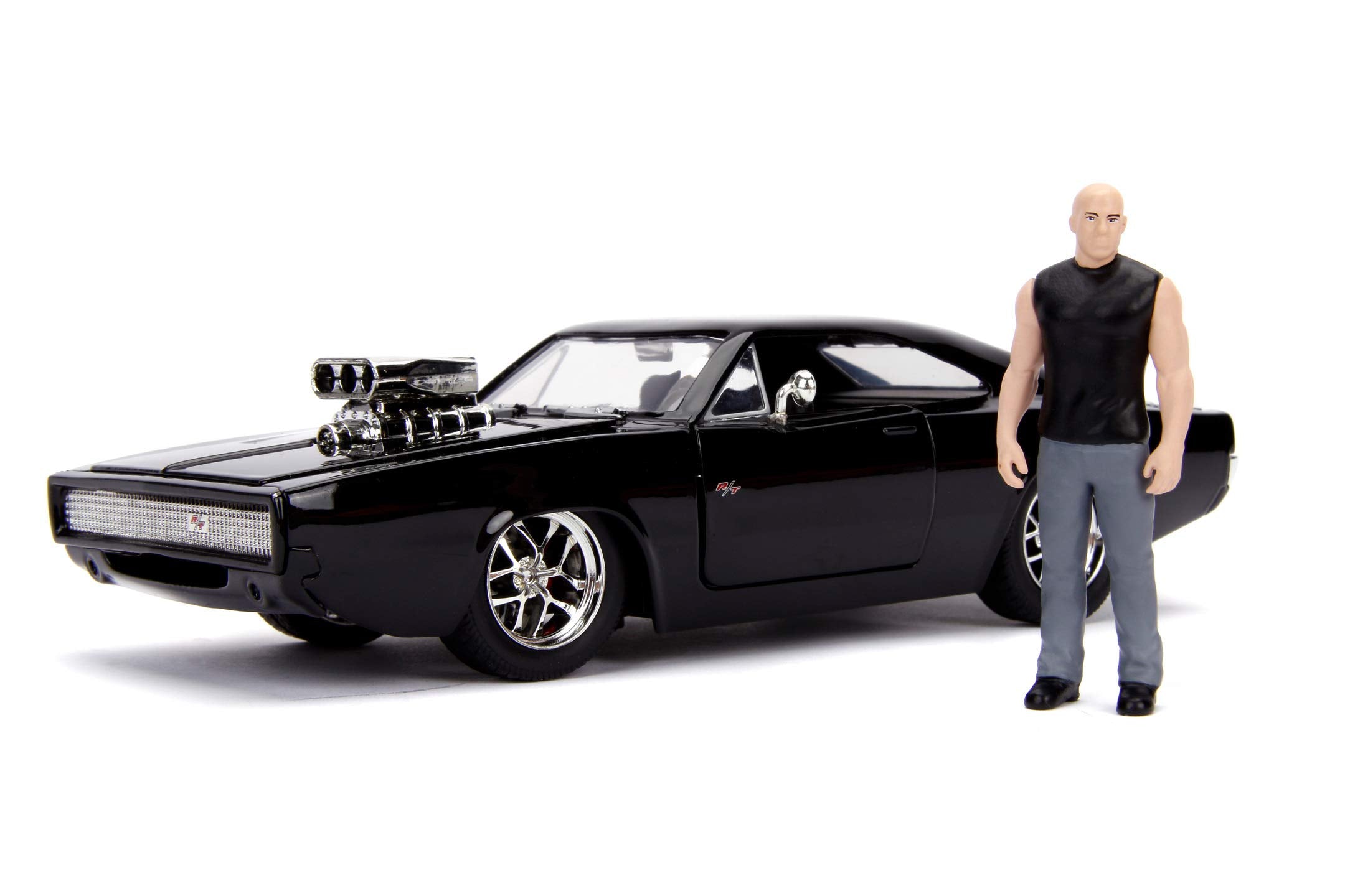 Jada Toys Fast & Furious Dom's 1970 Dodge Charger Street Car Tuning Model 1:24 Scale Opening Doors, Boot & Removable Bonnet, wheel, Includes Dominic Toretto Figure, Black