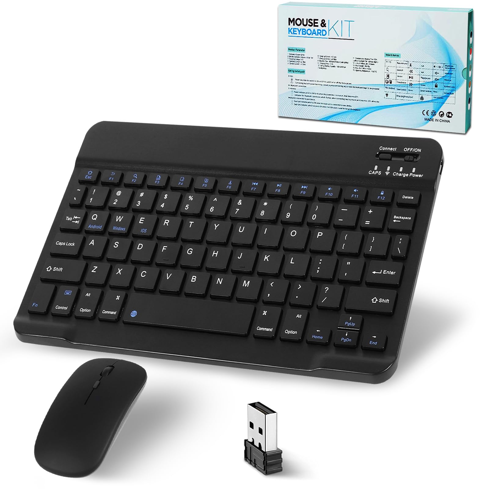 Bluetooth Keyboard, Wireless Keyboard and Mouse 2.4 USB Rechargeable Lightweight 10IN Universal Quiet Portable Mini Keyboard and Mouse set for iPad, iOS, Mac, Windows, Android Tablet Laptop-Black