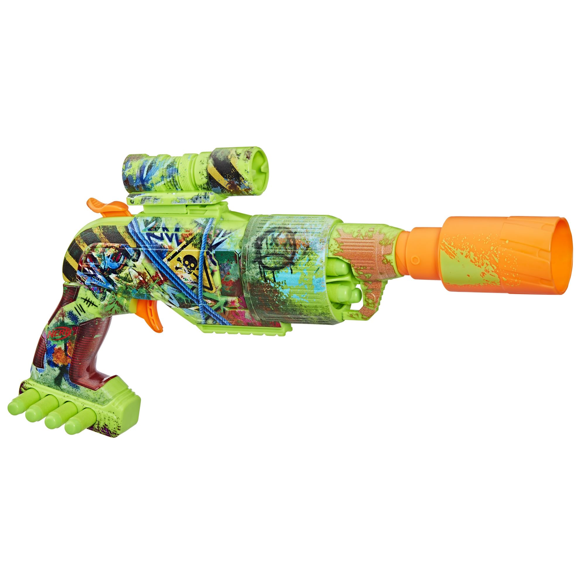 Nerf Zombie Driller Dart Blaster, 16 Nerf Elite Darts, Rotating 5 Dart Cylinder, Removable Scope, Outdoor Games, Ages 8+