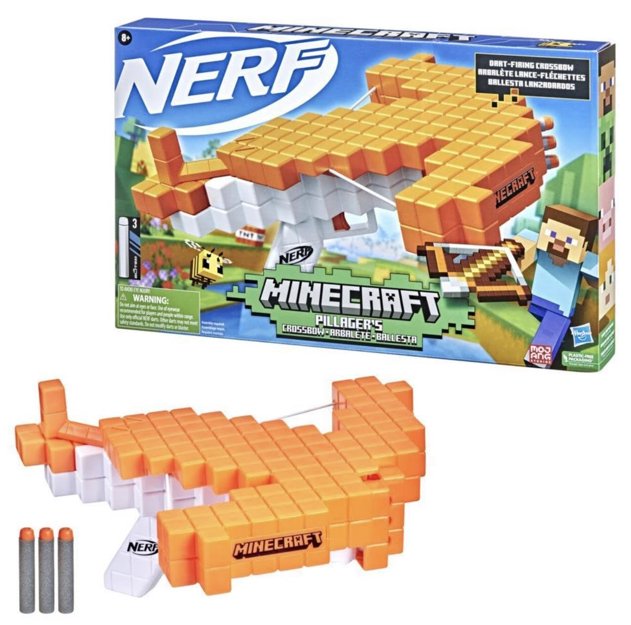 Nerf Minecraft Pillager's Crossbow Dart-Blasting Crossbow, Real Crossbow Action, Includes 3 Official Nerf Elite Darts 42787 Multicolor