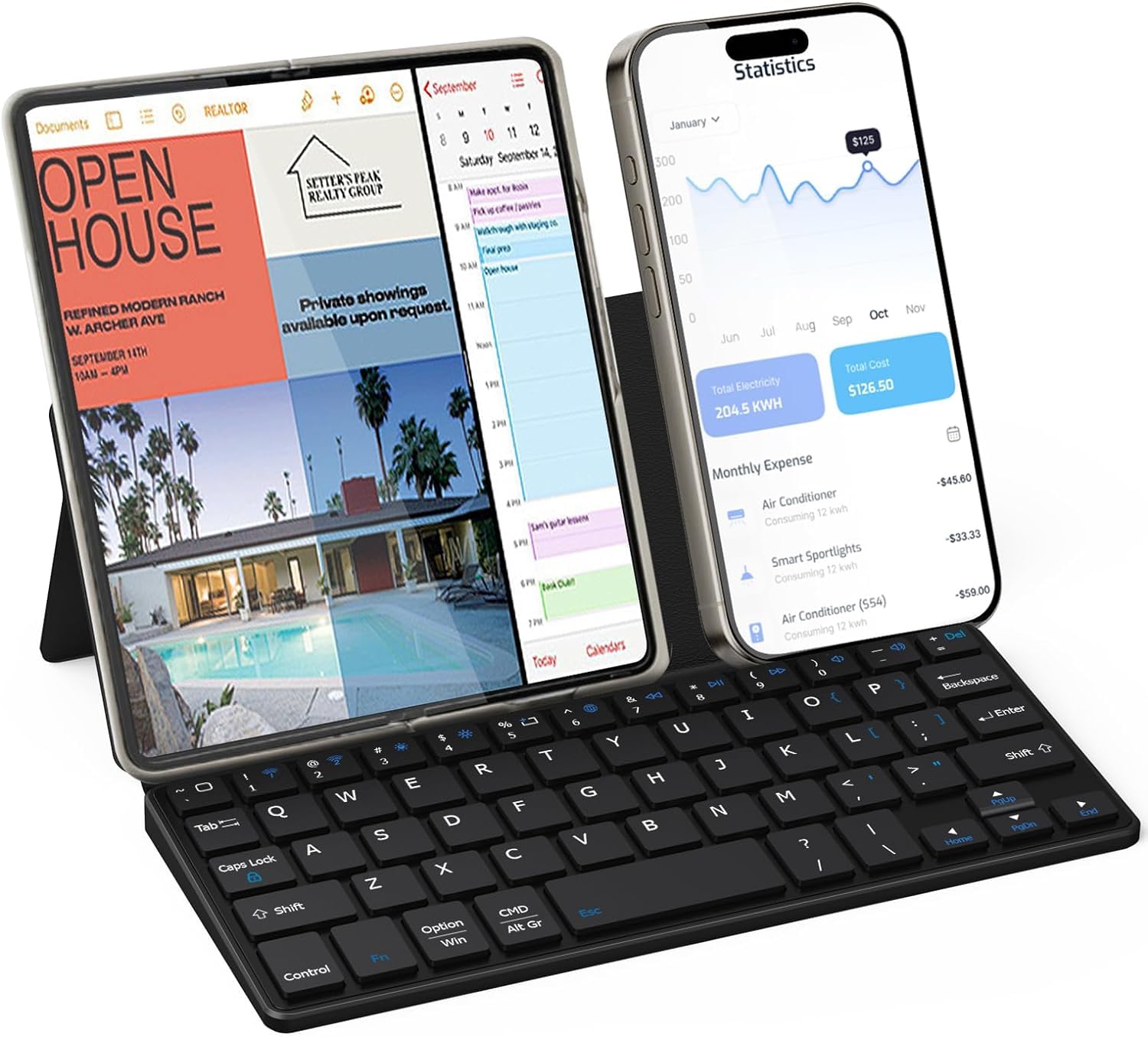 Doohoeek Portable Mini Keyboard for iPhone, iPad, Android Tablet, Dual Bluetooth Universal Keyboard with Freely Pivoting Stand for Android, Windows and iOS