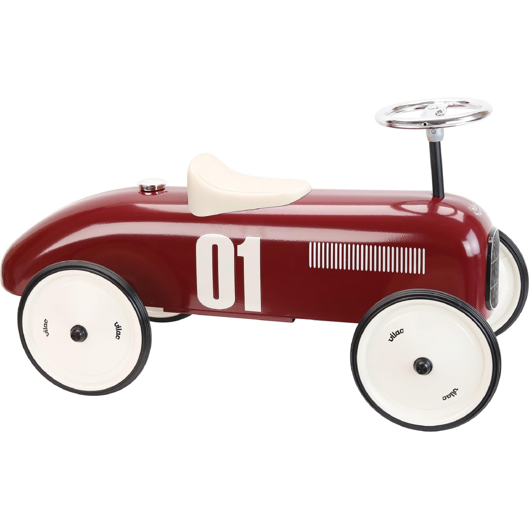 Vilac Vintage Ride-On Car, Durable Metal, Classic Retro Style, Develops Motor and Co-ordination Skills, Weighs 4.5 kg, Seat Height 28 cm, 76 x 38 x 40 cm, Suitable for 18 Months+, Burgundy