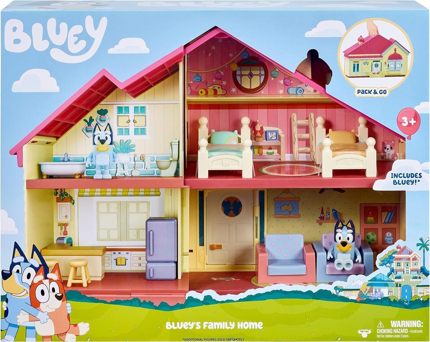 Bluey Heeler Family Home Play Set: 1 Official Collectable Action Figure, Large Playhouse Playset 4 Rooms, Furniture Accessories and Pull Down Patio