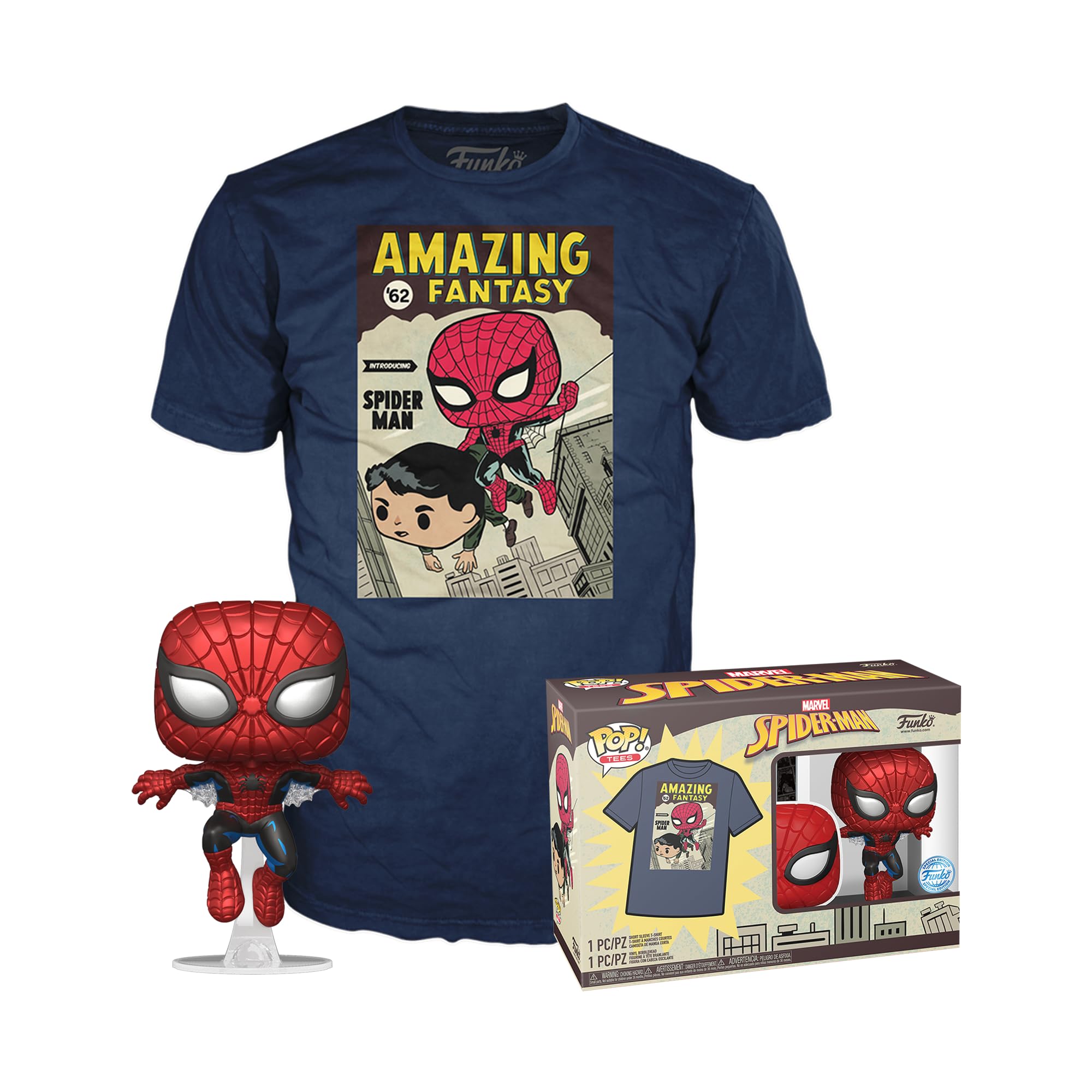 Funko POP! & Tee: Spider-Man - Comic Cover - Metallic - Medium - - T-Shirt - Clothes With Collectable Vinyl Figure - Gift Idea - Toys and Short Sleeve Top for Adults Unisex Men and Women