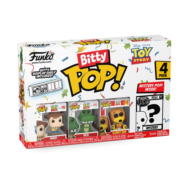 Funko Bitty Pop! Toy Story - Woody 4PK - Woody, Rex, Slinky Dog and A Surprise Mystery Mini Figure - 0.9 Inch (2.2 Cm) Collectable - Stackable Display Shelf Included - Gift Idea - Cake Topper