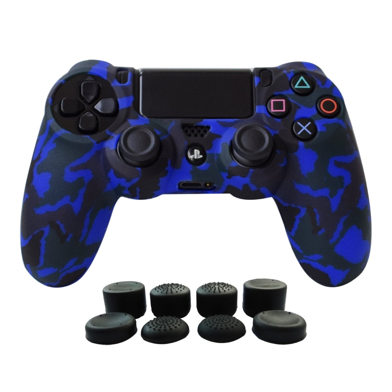 Hikfly Silicone Controller Cover Skin Protector Case Faceplates Kits for Sony Playstation 4 PS4/PS4 Slim/PS4 Pro Cntroller Video Games(1x Camouflage Cover with 8 x FPS Pro Thumb Grips Caps)(Blue)