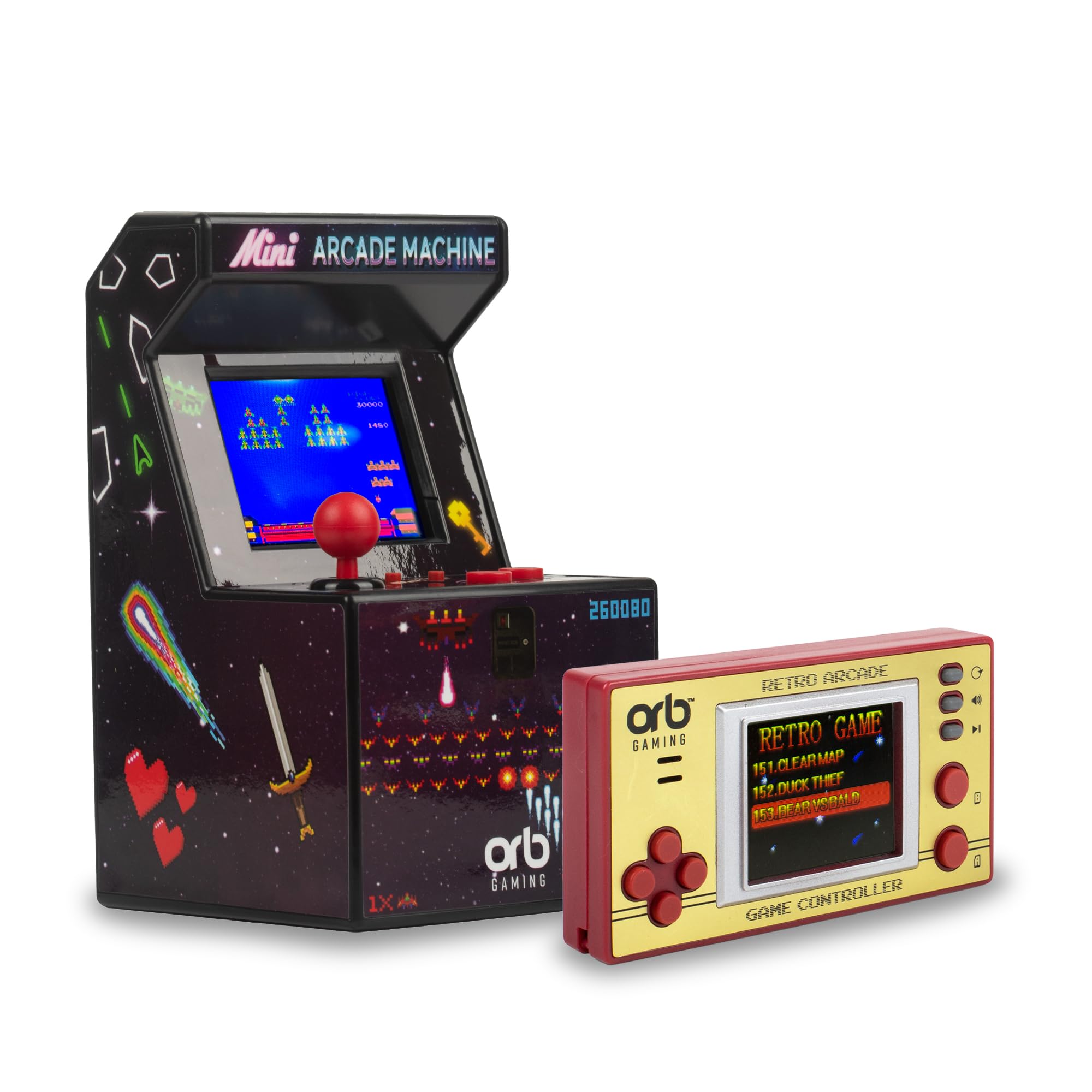 Orb Mini Retro Handheld Games Console & Arcade Bundle - 1 x 150 In-Built Games Console & 1 x 240 In-Built Games Arcade, Full Colour LCD Screen - Thumbs Up!