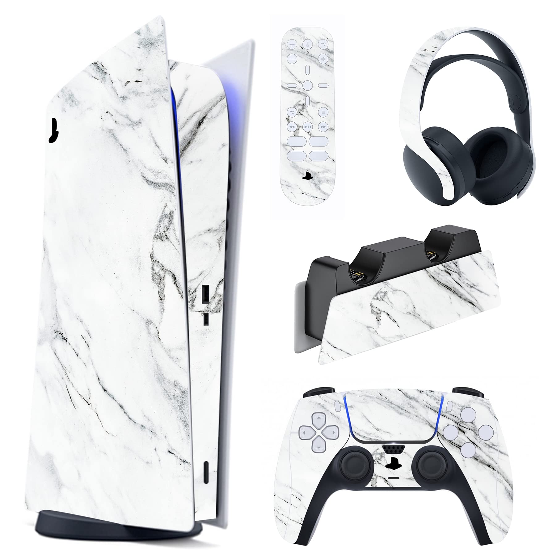 PlayVital Modern White Marble Full Set Skin Decal for ps5 Console Digital Edition, Sticker Vinyl Decal Cover for ps5 Controller & Charging Station & Headset & Media Remote