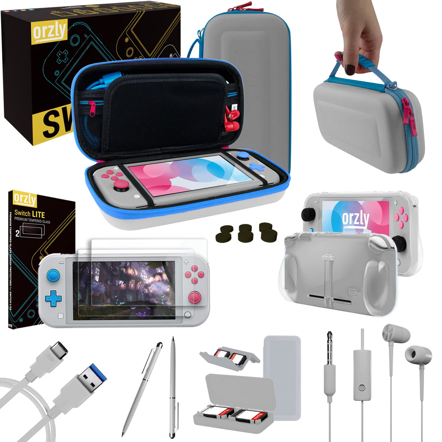 Orzly Switch Lite Accessories Bundle - Case & Screen Protector for Nintendo Switch Lite Console, USB Cable, Games Holder, Comfort Grip Case, Headphones, Thumb-Grip Pack & More - Z&Z