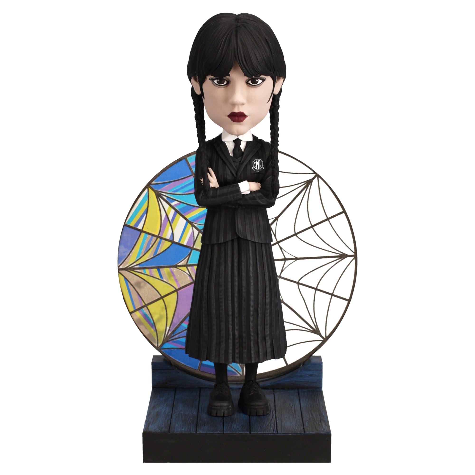 Royal Bobbles Wednesday Addams with Nevermore Academy Stained Glass Window – 6.75 Inches Tall – Collectible Bobblehead Statue