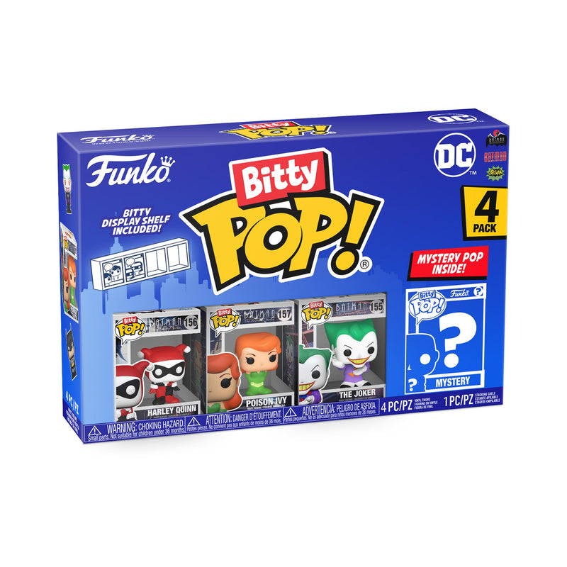 Funko Bitty POP! DC - Harley Quinn, the Joker, Poison Ivy and A Surprise Mystery Mini Figure - 0.9 Inch (2.2 Cm) - DC Comics Collectable - Stackable Display Shelf Included - Gift Idea - Cake Topper