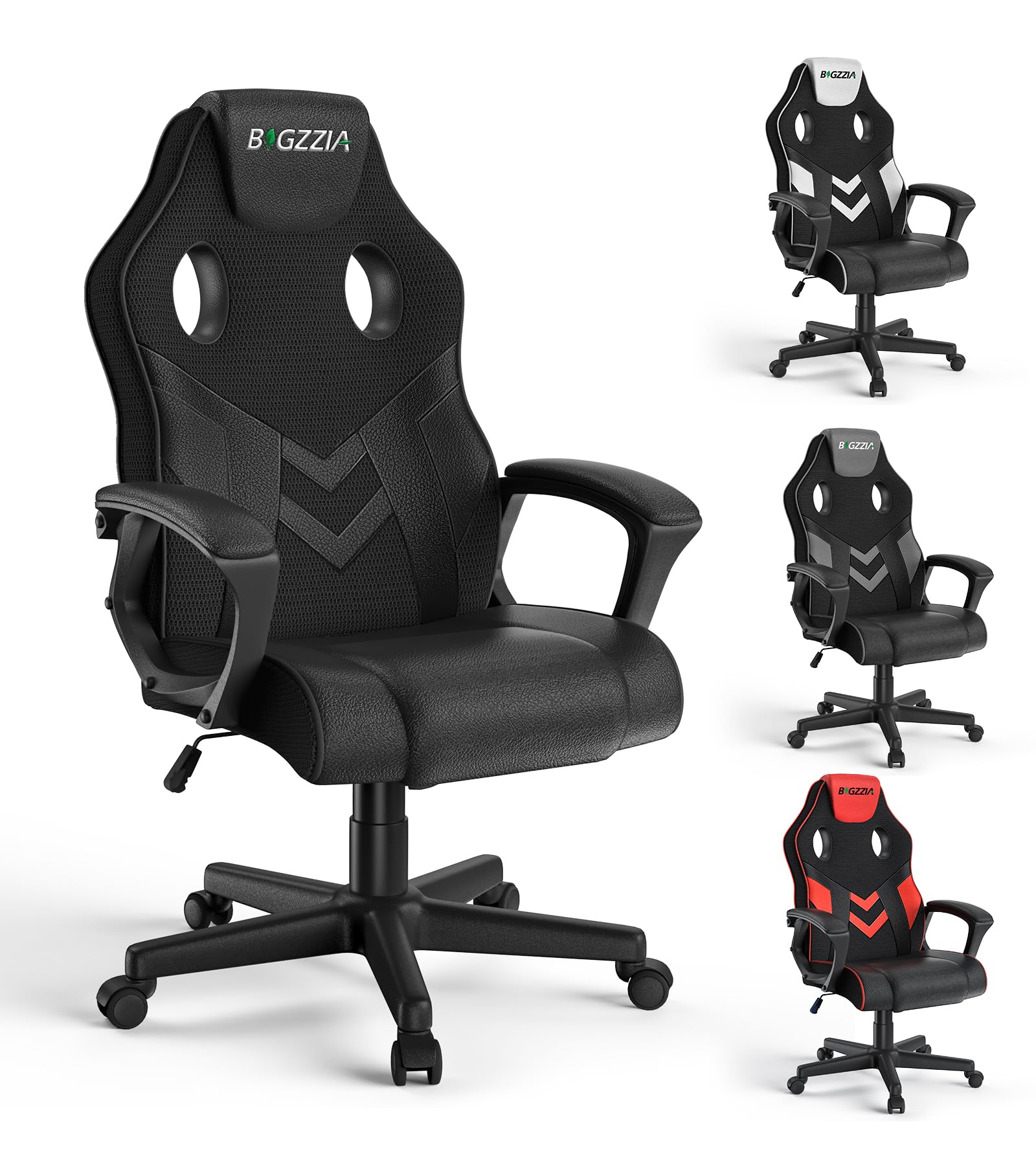 bigzzia Gaming Chair Ergonomic Office Chair - PU Leather Computer Chair With Headrest, Adjustable Height Office Armchair 360°Swivel For PC Office Gamer (Black)