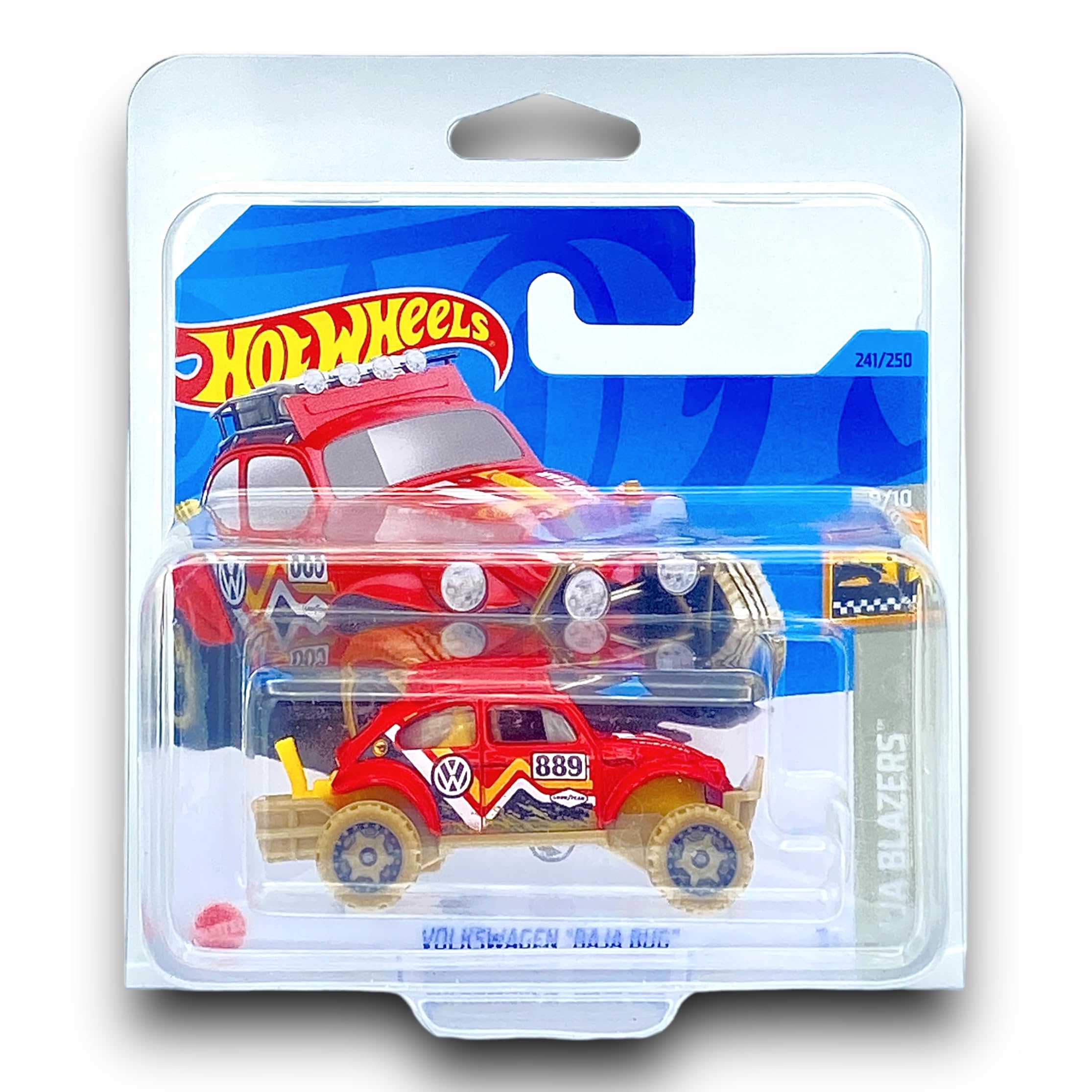 Hot Wheels Volkswagen Baja Bug (Red (TREASURE HUNT)) 9/10 Baja Blazers - 2023-241/250 (Short Card) - COMES IN A KLAS CAR KEEPER SHORT CARD PROTECTOR CASE - HKK93