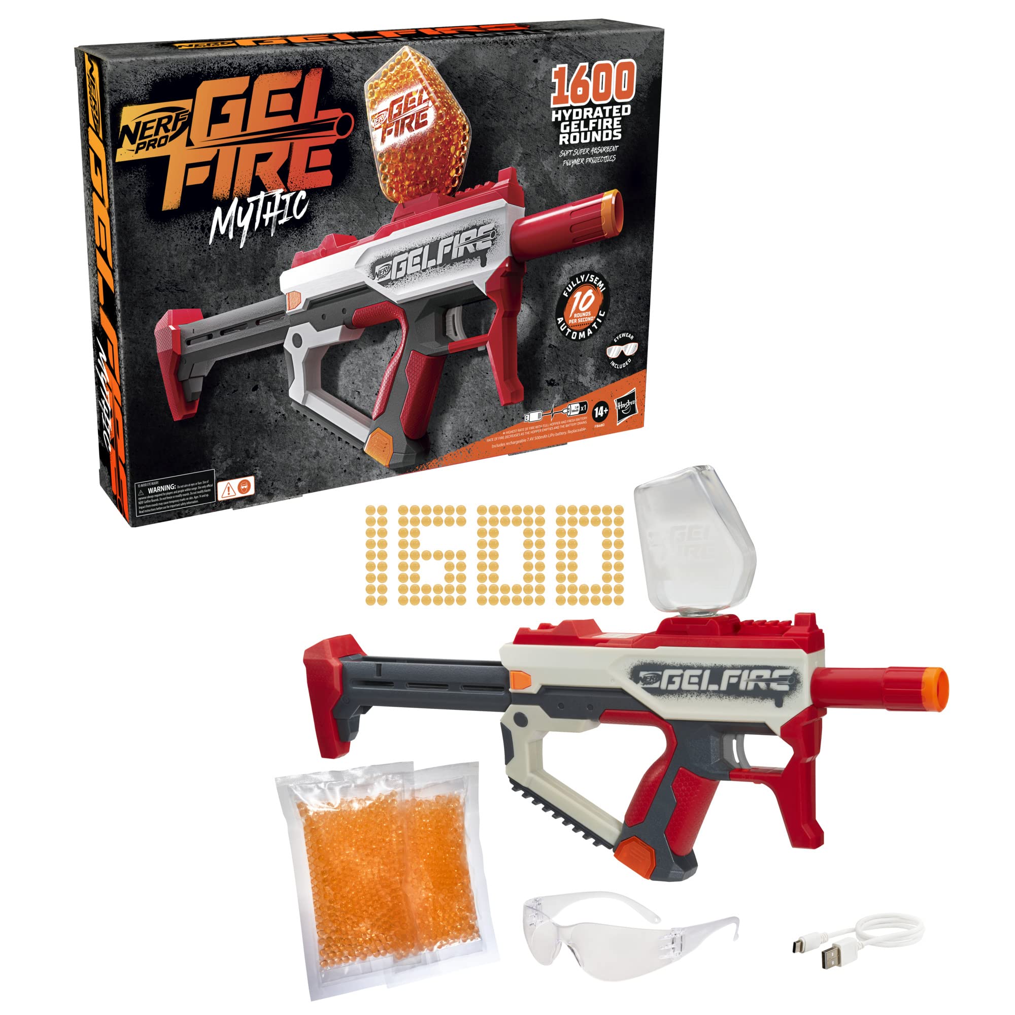 Nerf Pro Gelfire Mythic Blaster, 1,600 Gelfire Rounds, Hopper, Rechargeable Battery, Eyewear