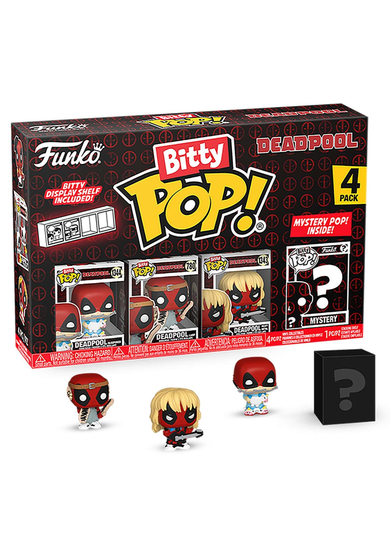 Funko Bitty Pop! Deadpool (Sleepover), Deadpool (Larp), Deadpool (Heavy Metal), and a mystery Bitty Pop! figure- 0.9 Inch (2.2 Cm) Collectable - Stackable Display Shelf Included