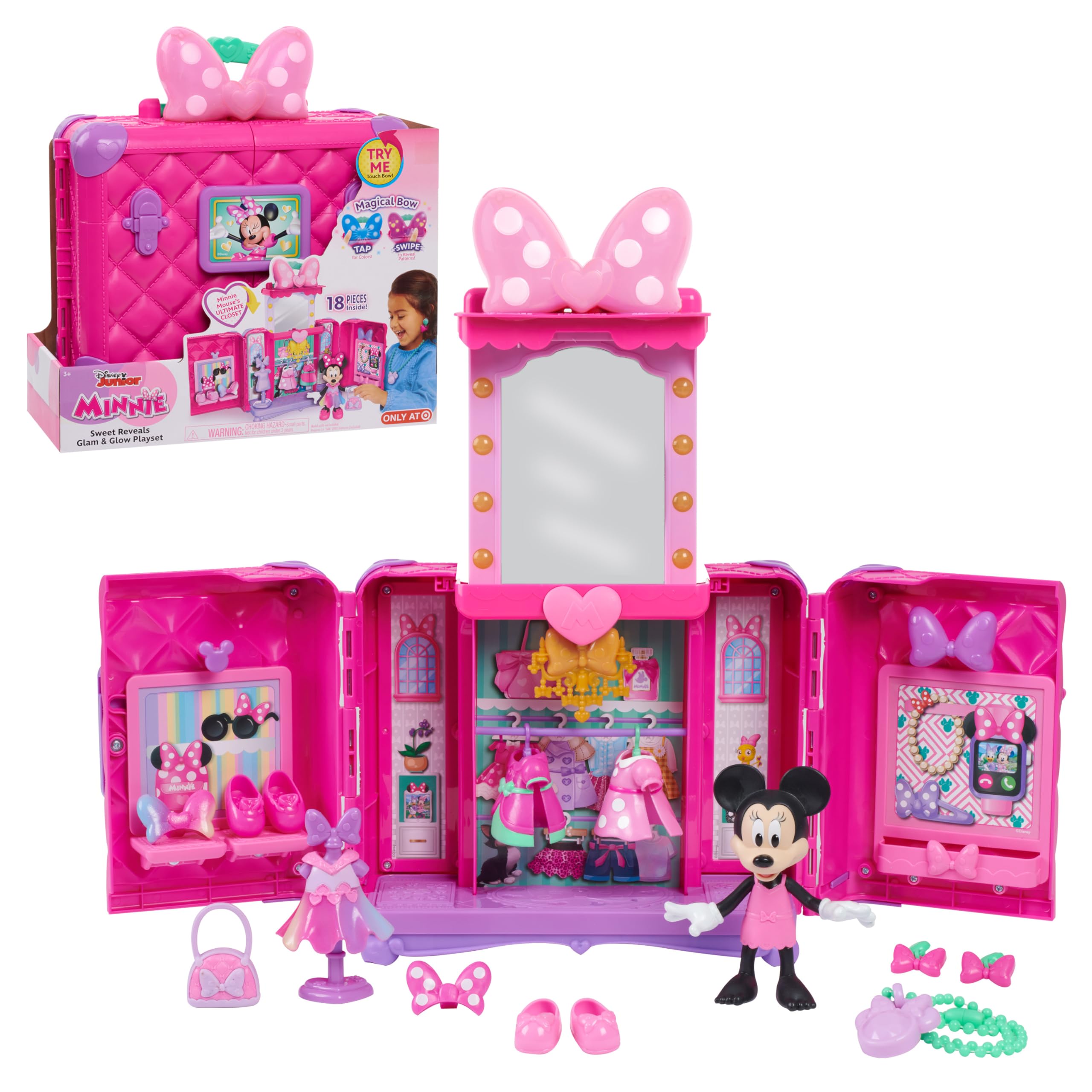 Disney Junior Minnie Mouse Sweet Reveals Glam & Glow 18-Piece Playset with Storage, Color Changing, Lights and Sounds, Dress Up Jewelry, Kids Toys for Ages 3 Up by Just Play