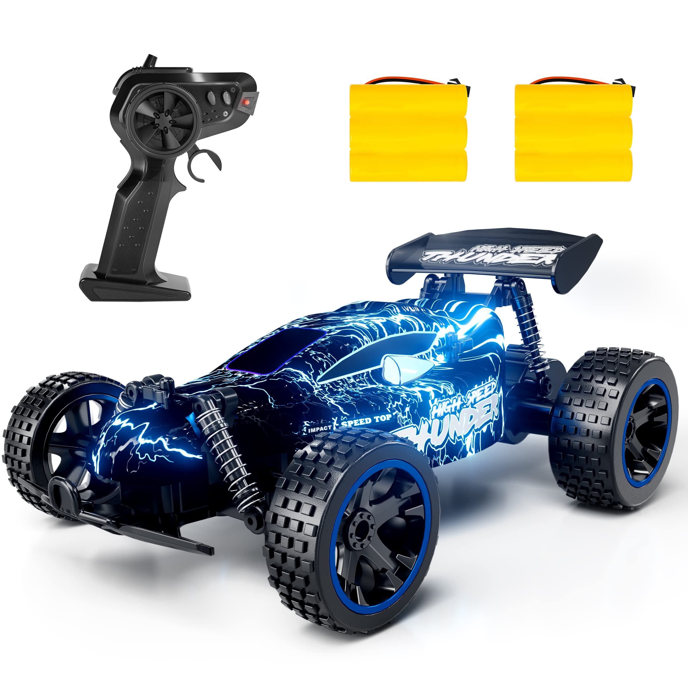 Tecnock Remote Control Cars for Kids, 1:18 Scale RC Racing Cars with LED Lights, 2.4GHz All Terrain RC Car with 2 Rechargeable Batteries for 60 Min Play, Indoor Outdoor Toys Gifts for Boys and Girls