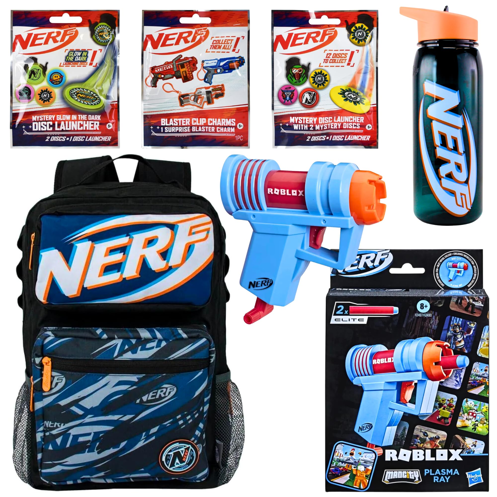 Nerf 6 Piece Tactical Supply Bundle - Backpack, Water Bottle, 3x Blind Bags, and Roblox Blaster - Plasma Ray