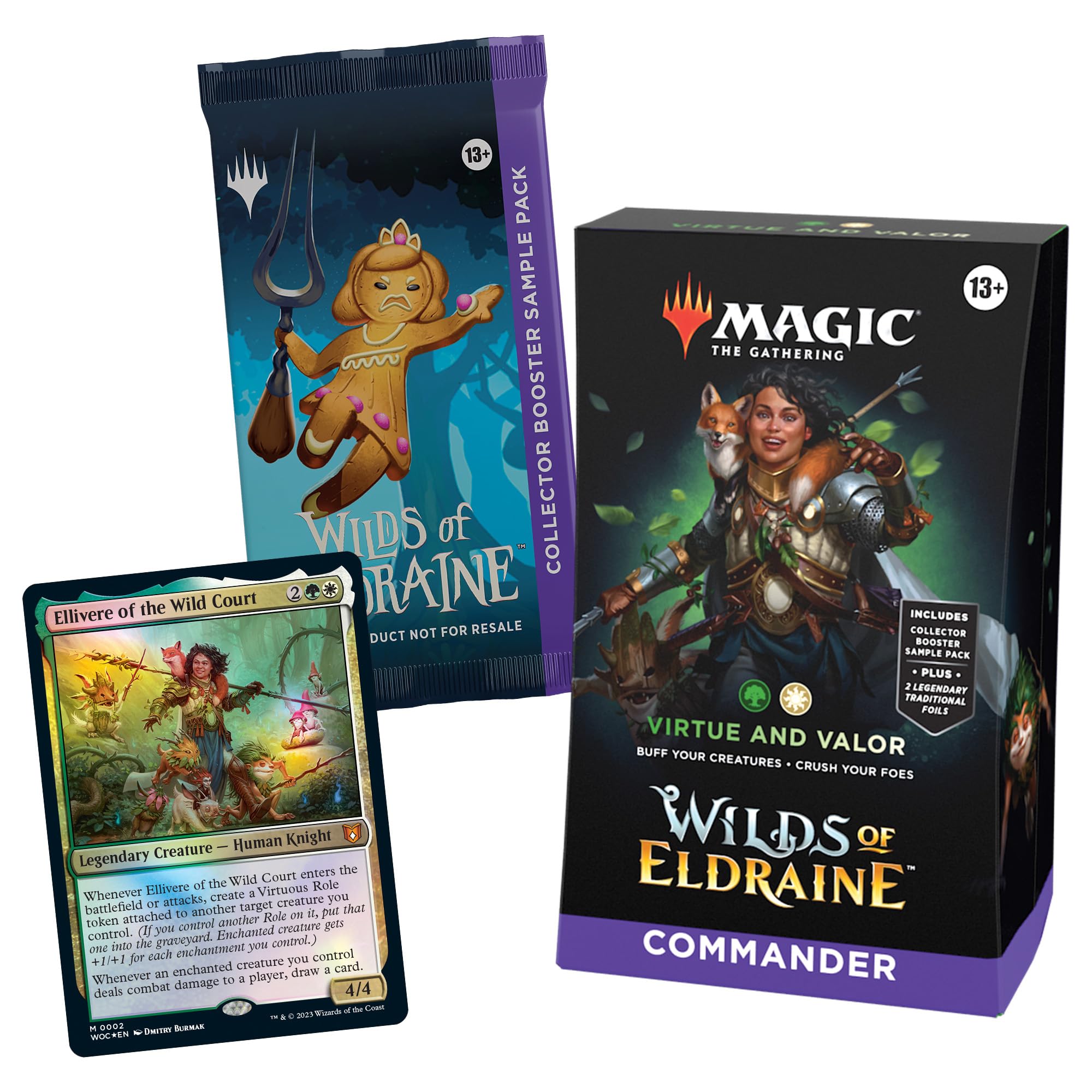 Magic: The Gathering Wilds of Eldraine Commander Deck - Virtue and Valor (100-Card Deck, 2-Card Collector Booster Sample Pack + Accessories)