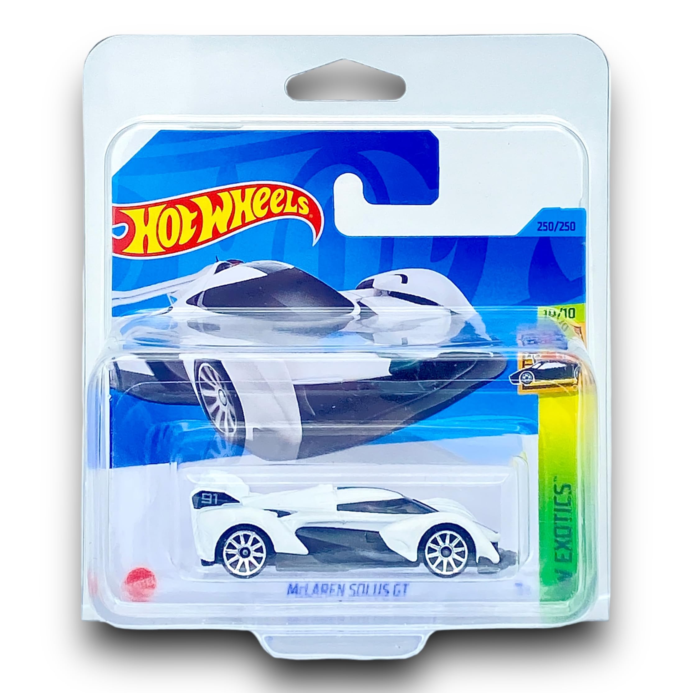 Hot Wheels McLaren Solus GT (White & Black) 10/10 HW Exotics - 2023-250/250 (Short Card) - COMES IN A KLAS CAR KEEPER SHORT CARD PROTECTOR CASE - HKG70