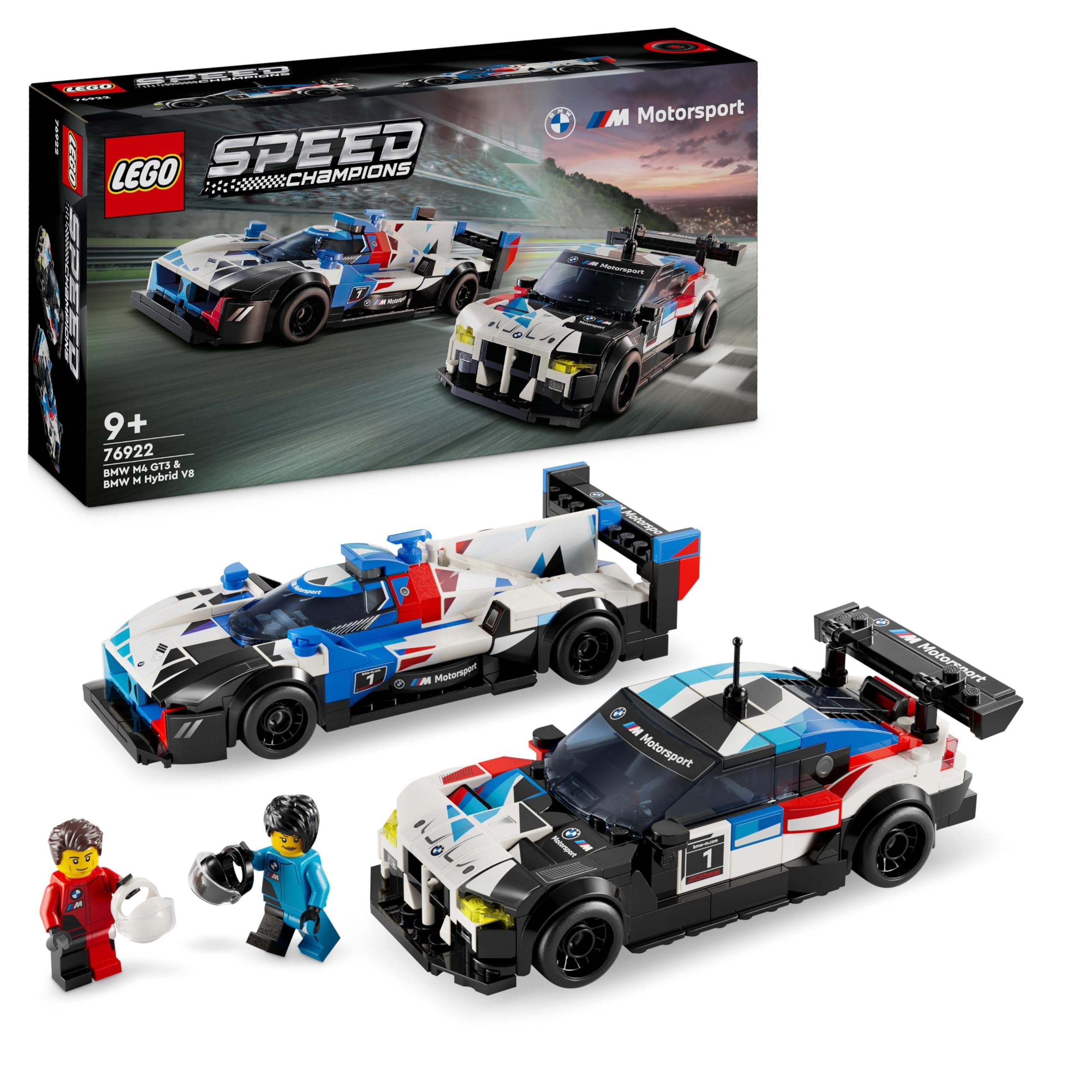 LEGO Speed Champions BMW M4 GT3 & BMW M Hybrid V8 Race Car Toys for 9 Plus Year Old Boys & Girls, Buildable Model Vehicles with 2 Driver Minifigures, Kids' Bedroom Decoration, Birthday Gift Idea 76922