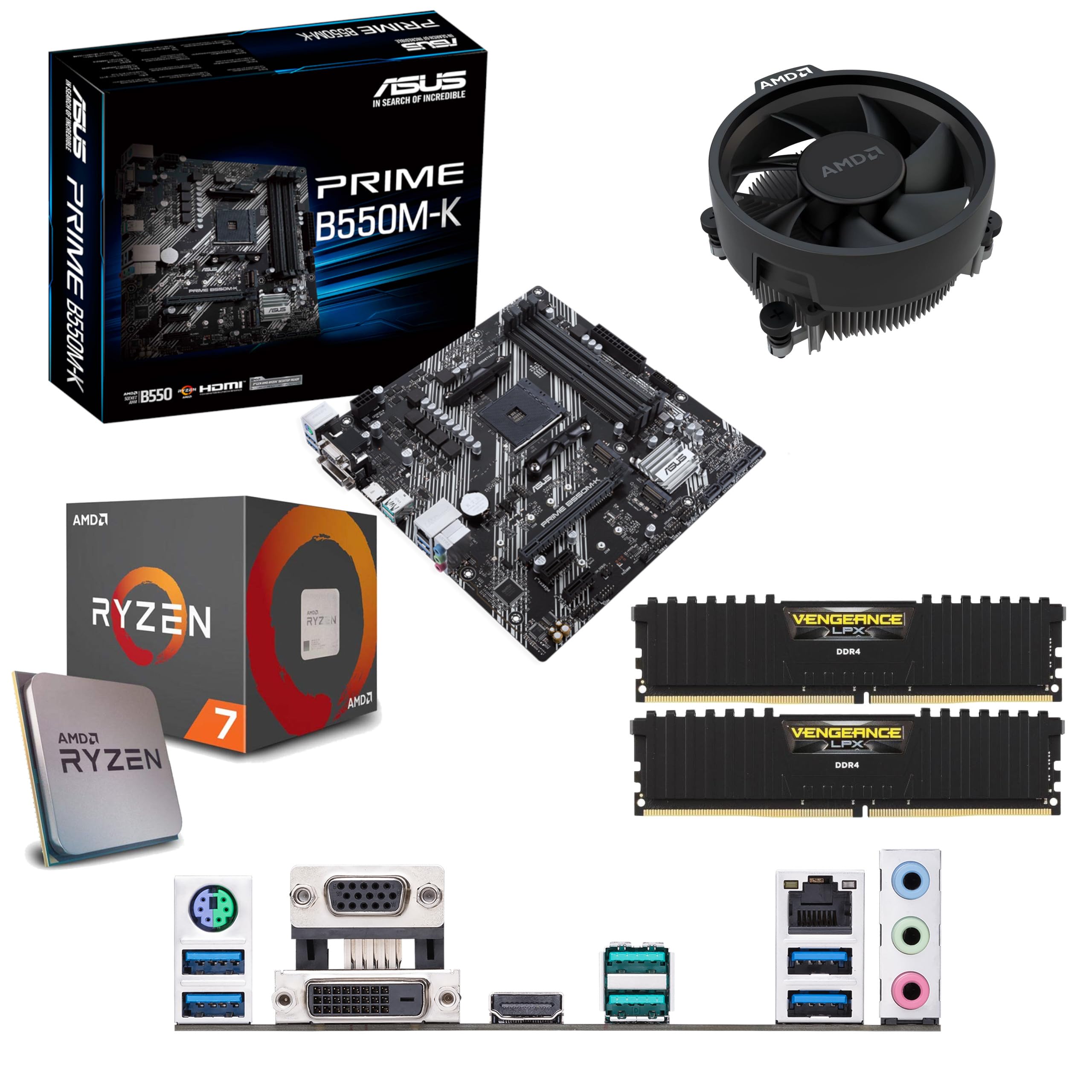 AMD Ryzen 7 5700X 3.4Ghz (Turbo 4.6Ghz) 8 Core 16 Thread CPU, ASUS Prime B550M-K Motherboard & 32GB 3200Mhz Corsair DDR4 RAM Pre-Built Bundle