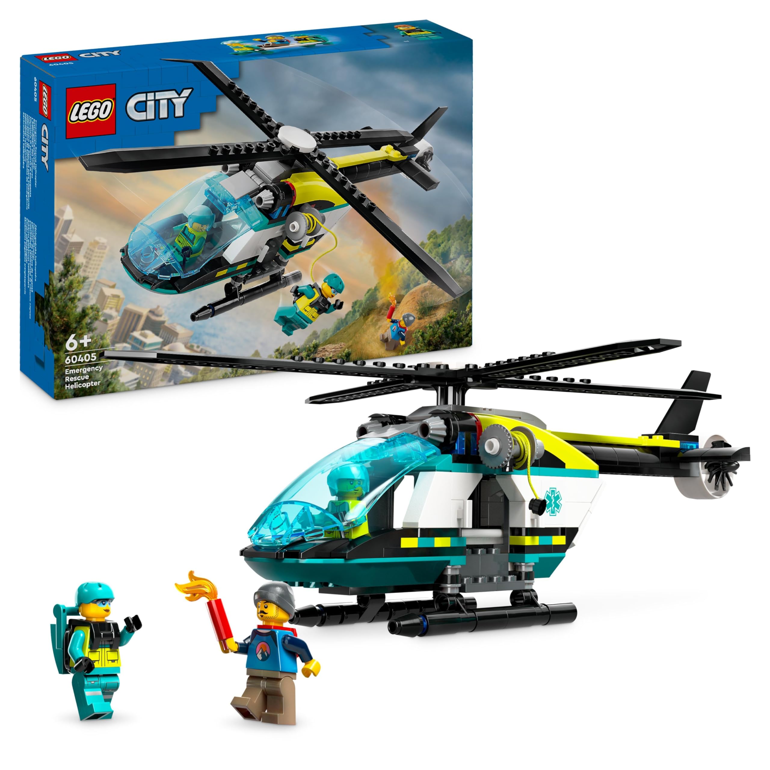 LEGO City Emergency Rescue Helicopter Toy for 6 Plus Year Old Boys & Girls, Vehicle Building Set with Winch, Spinnable Rotors and 3 Minifigures for Imaginative Play, Fun Birthday Gift for Kids 60405