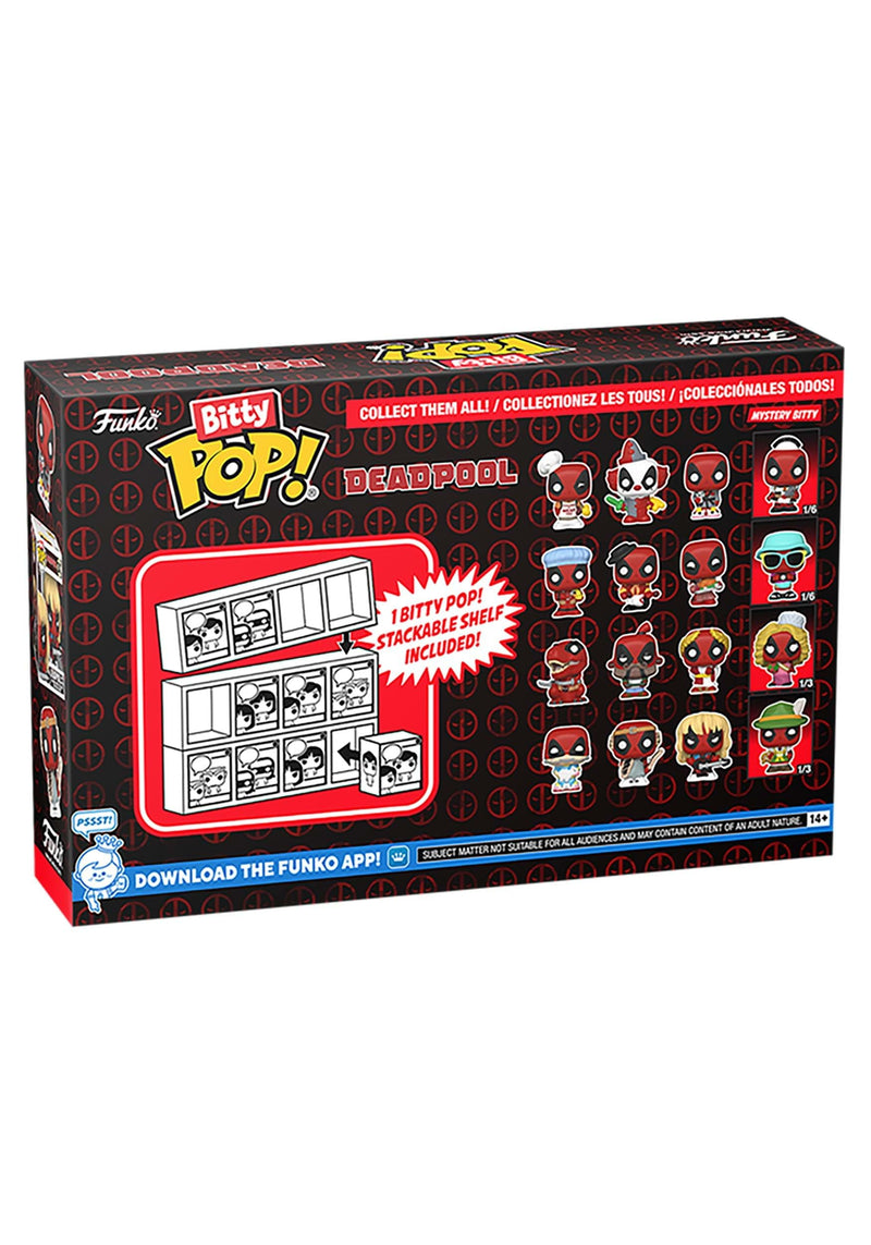 Funko Bitty Pop! Deadpool (Sleepover), Deadpool (Larp), Deadpool (Heavy Metal), and a mystery Bitty Pop! figure- 0.9 Inch (2.2 Cm) Collectable - Stackable Display Shelf Included