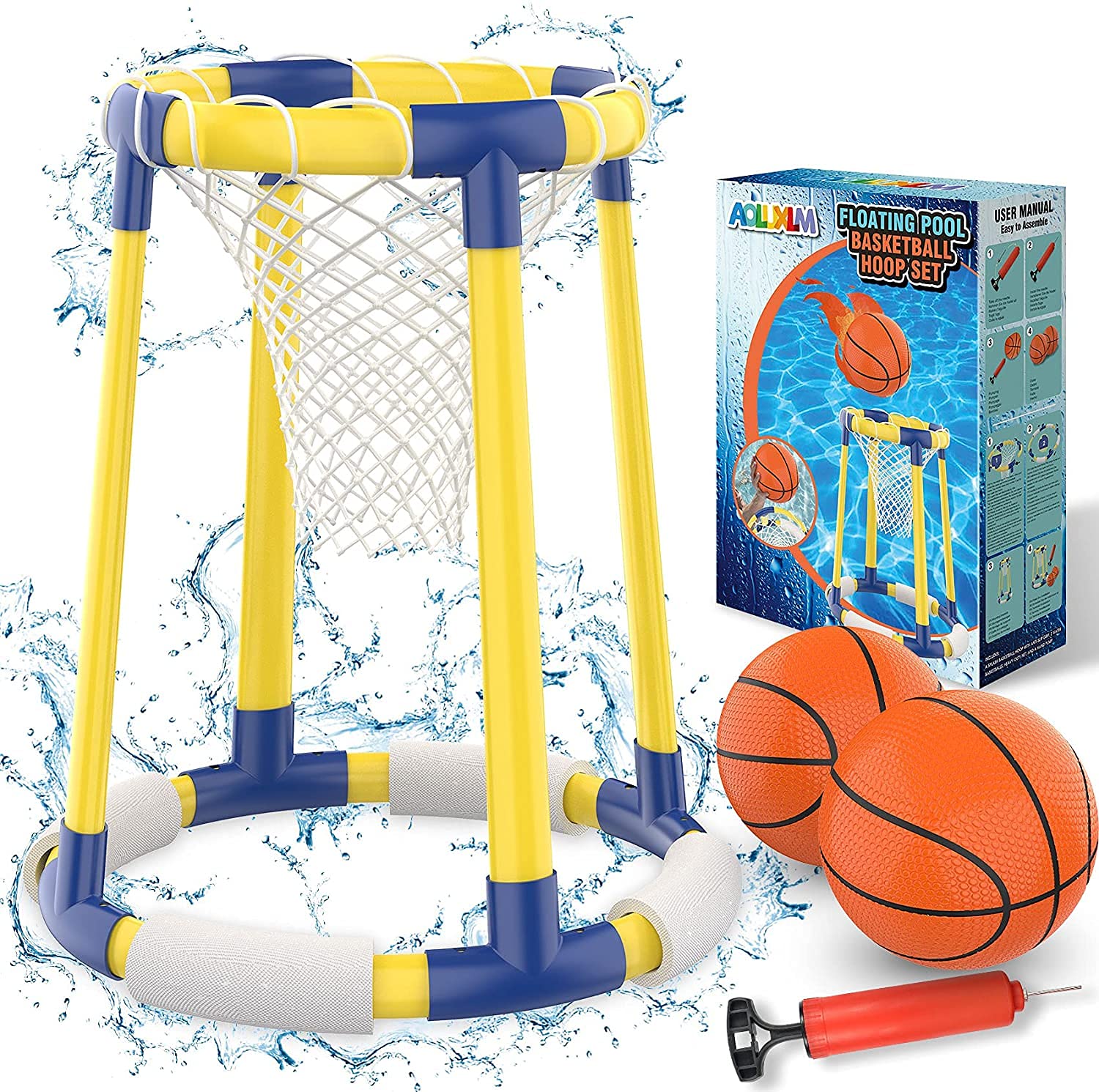 Pool Toys - 2 in 1 Basketball Hoop Set for Kids Adults, Pool Game Inflatable Floating Water Basketball for Swimming Pool, 2 Balls + Net + Pump Set for 6 7 8 9 10+ Years Old Boys Girls Teens Adults