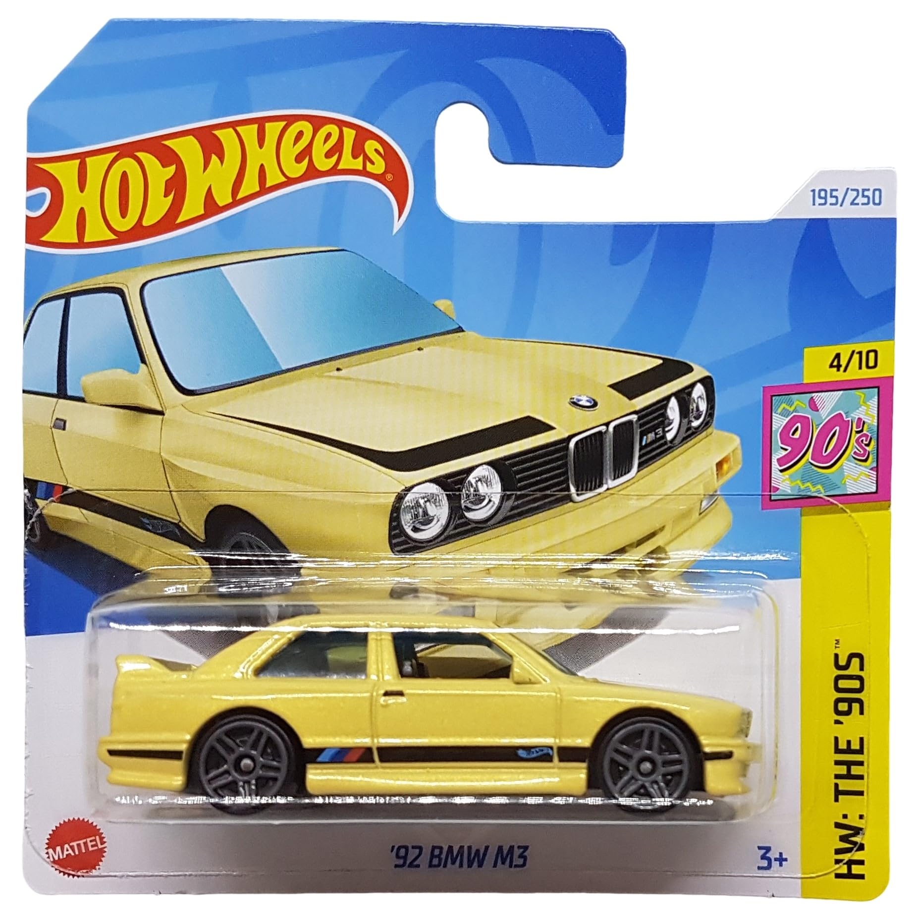 Hot Wheels - '92 BMW M3 - HW: The '90s 4/10 - HTB06 - Short Card - Yellow - Mattel 2024 - 1:64