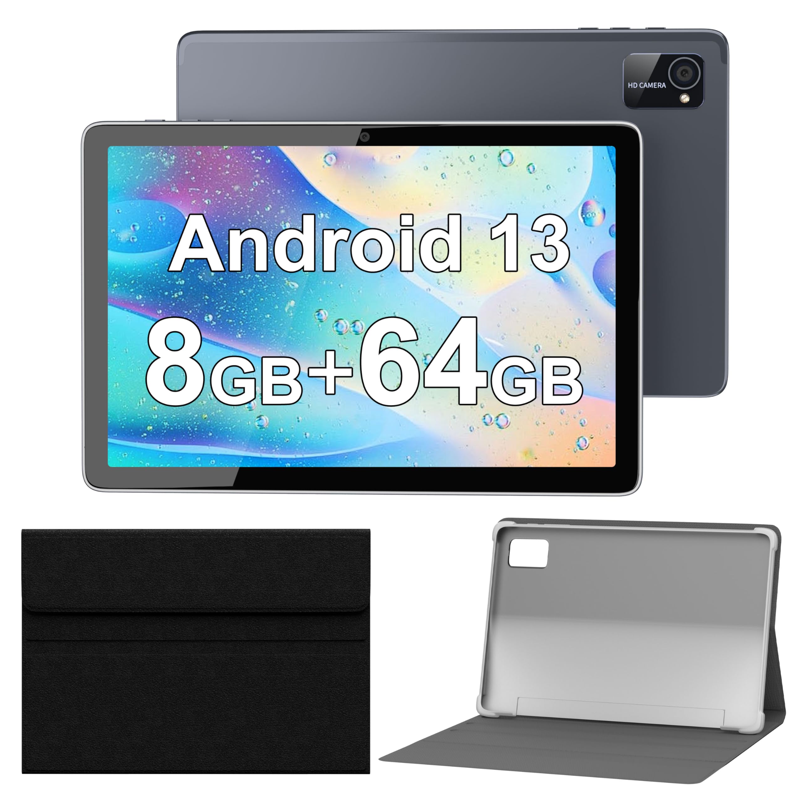 10 Inch Android 13 Tablet with Protective Case, Octa-Core Processor 7000mAh Battery 8GB RAM 64GB ROM 512GB Expansion, 1280x800 IPS, 8MP+5MP Dual Camera, WiFi, Bluetooth, GPS, GMS Certified(Gray-blue)